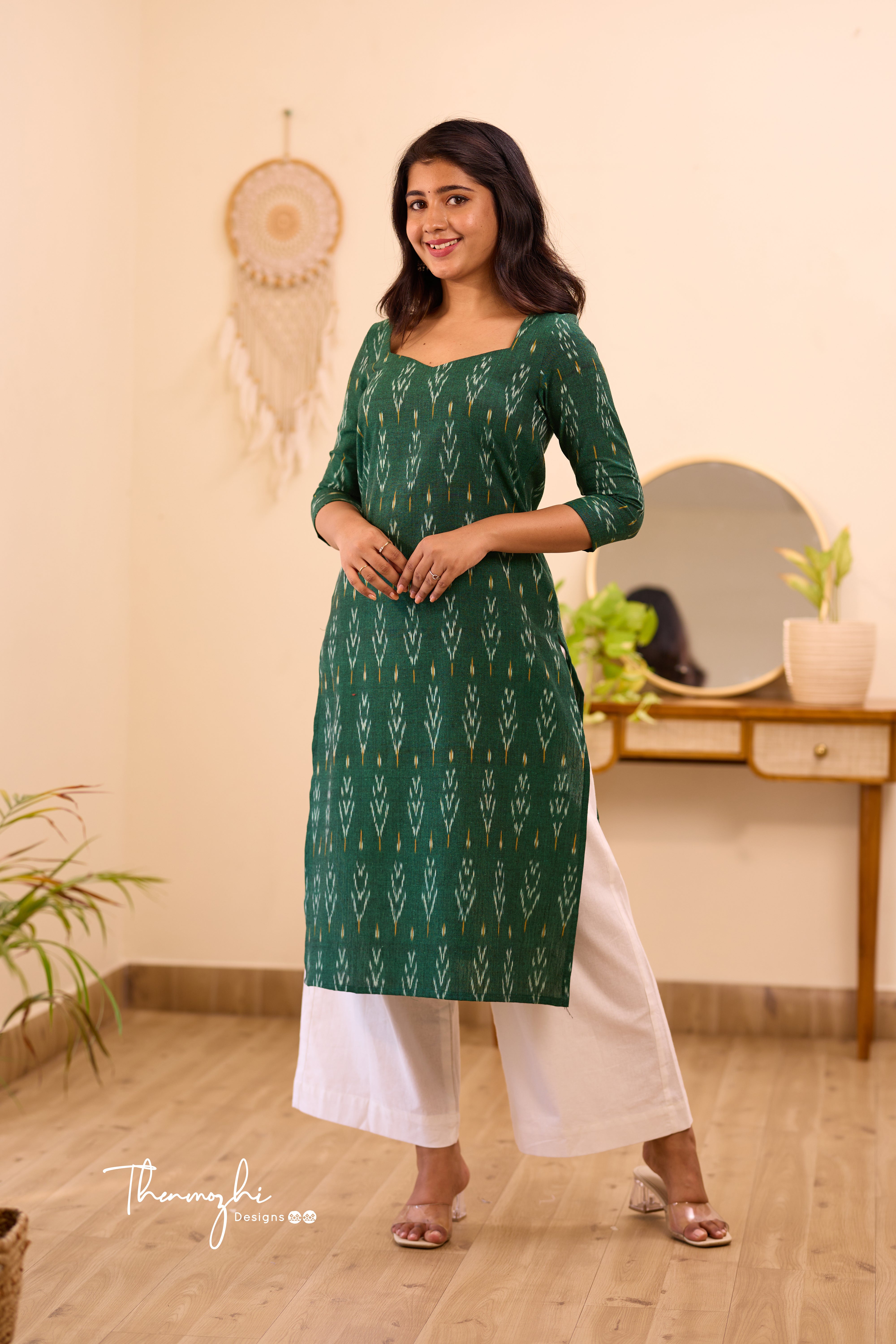 Dark Green Ikkat Cotton Kurta with Sleeve