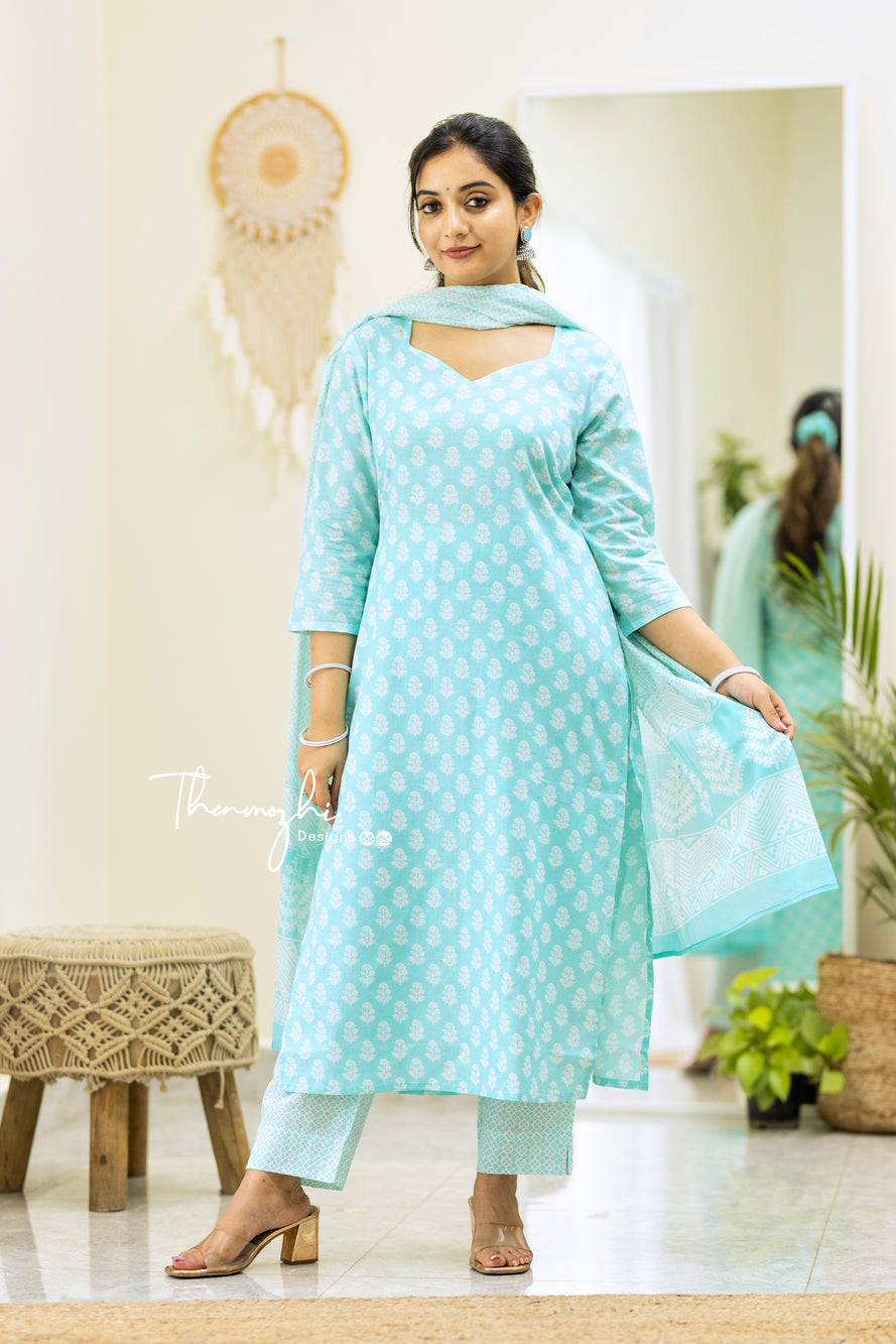 Indu - Blue Cotton Suit Set With Cotton Dupatta