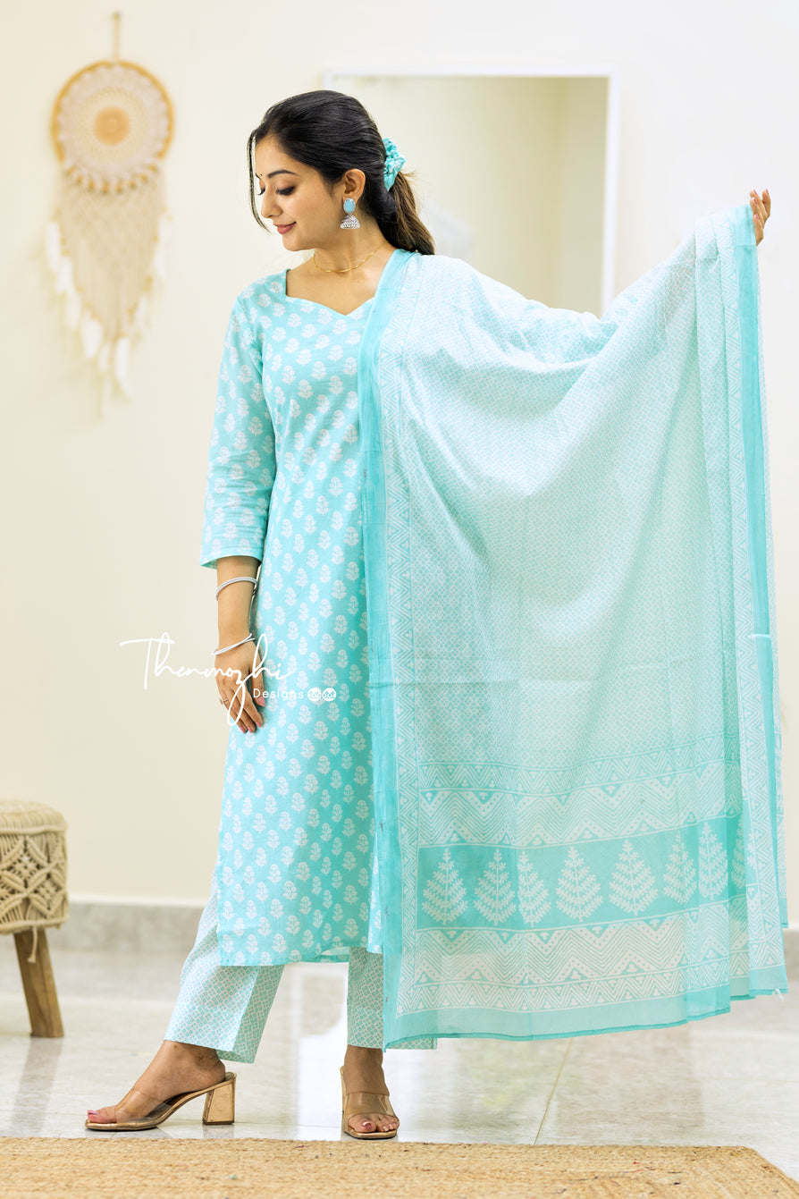 Indu - Blue Cotton Suit Set With Cotton Dupatta