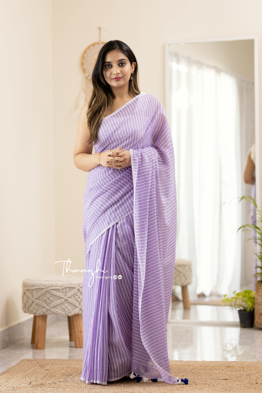 Lilac Light Purple Handloom Mul Cotton Saree