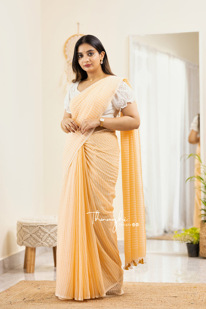 Peach Mul Cotton Ready To Wear/Easy Saree