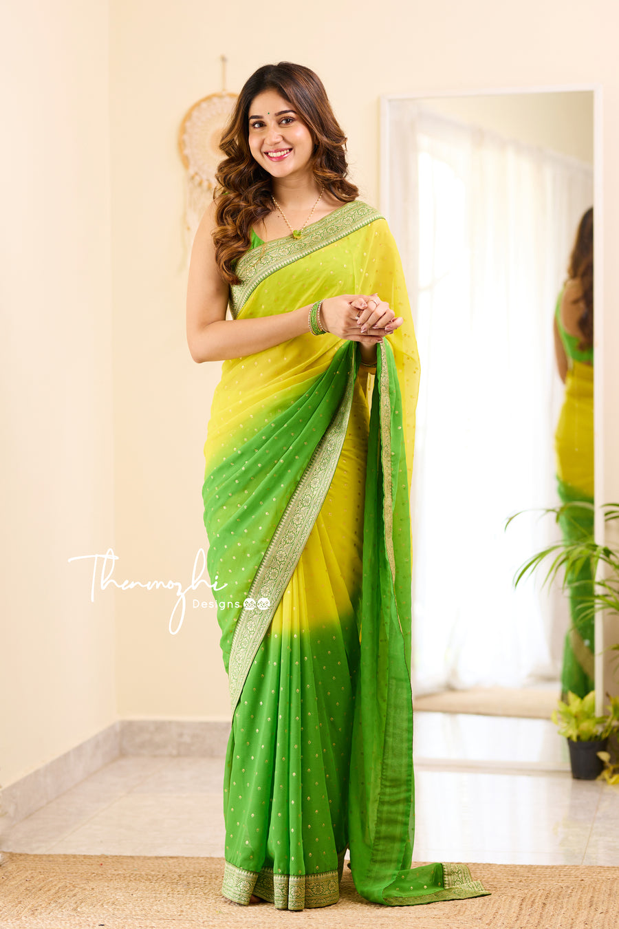 Ombre Yellow and Green Georgette Saree