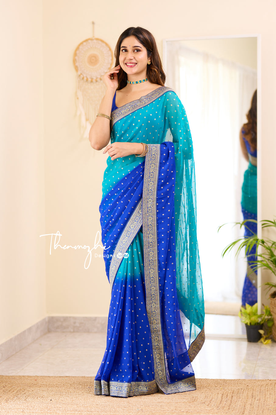 Ombre Cyan & Royal Blue Georgette Saree