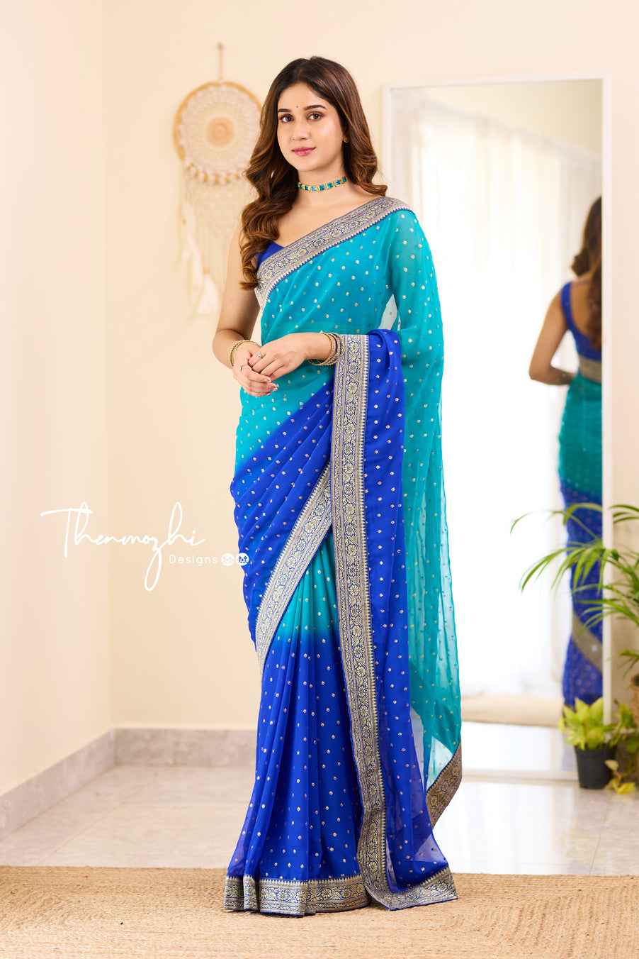 Ombre Cyan & Royal Blue Georgette Saree