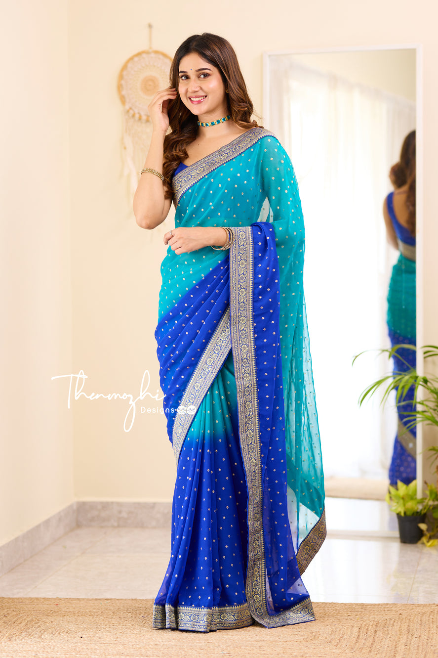 Ombre Cyan & Royal Blue Georgette Saree