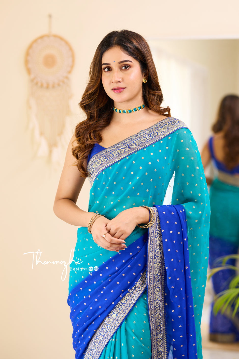 Ombre Cyan & Royal Blue Georgette Saree
