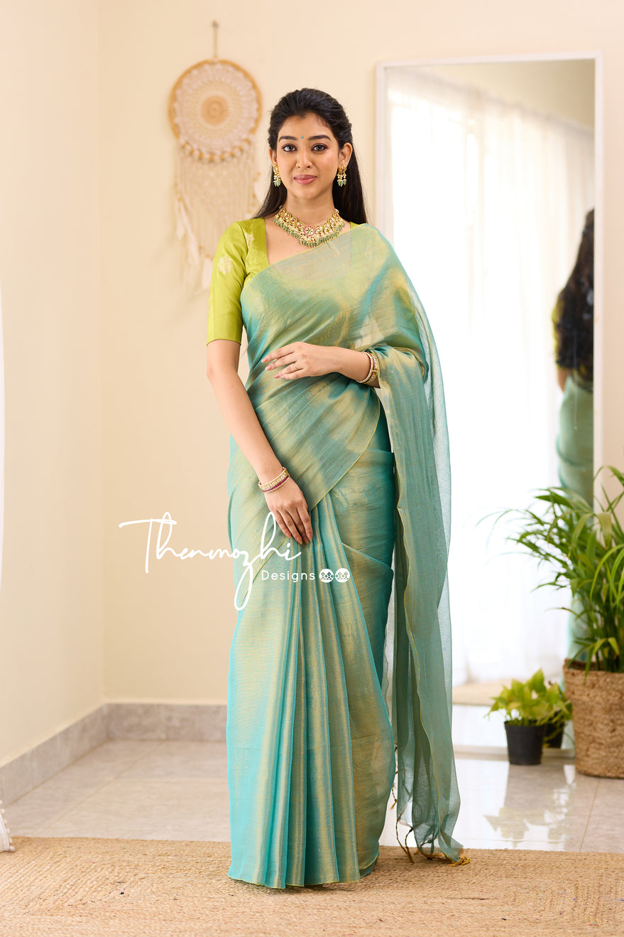 Blue Tissue Cotton Festive Wear Saree