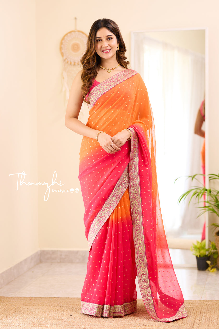 Ombre Orange & Pink Georgette Saree