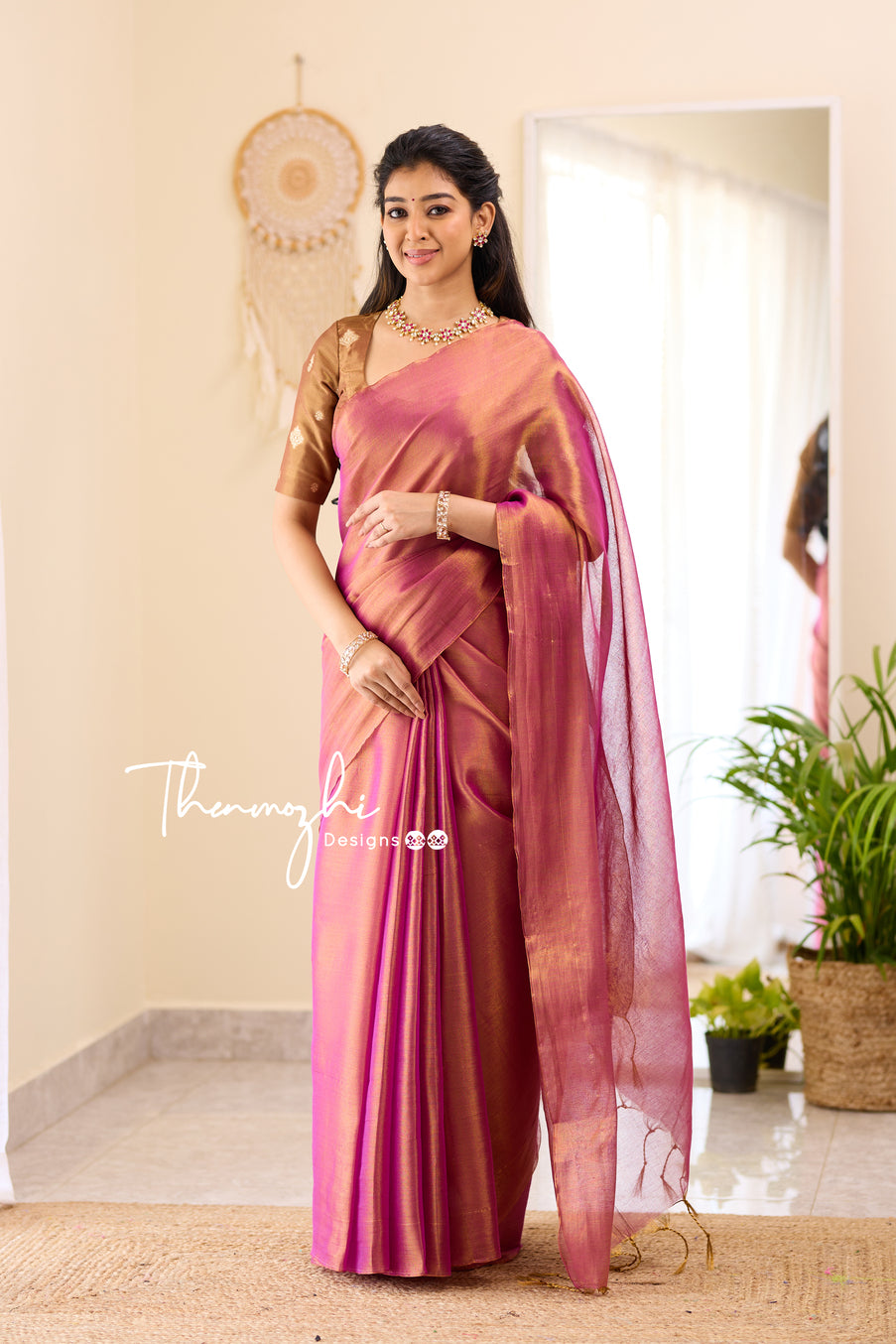 Pink Tissue Cotton Festive Wear Saree