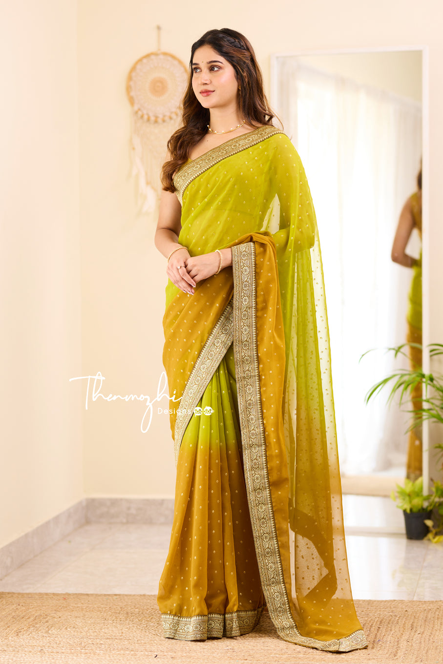 Ombre Olive Green & Ochre Georgette Saree