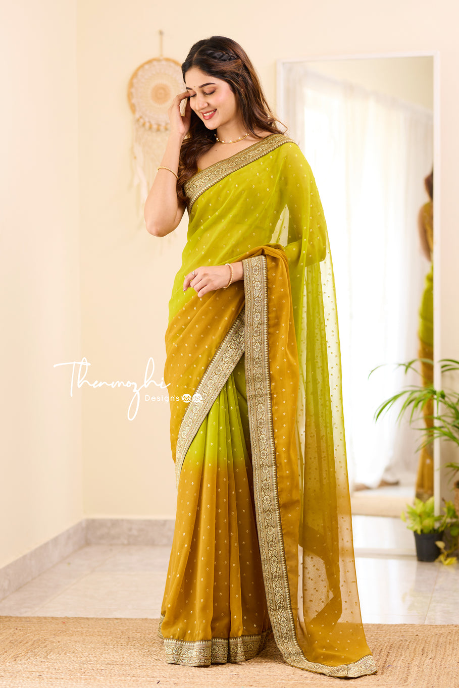 Ombre Olive Green & Ochre Georgette Saree