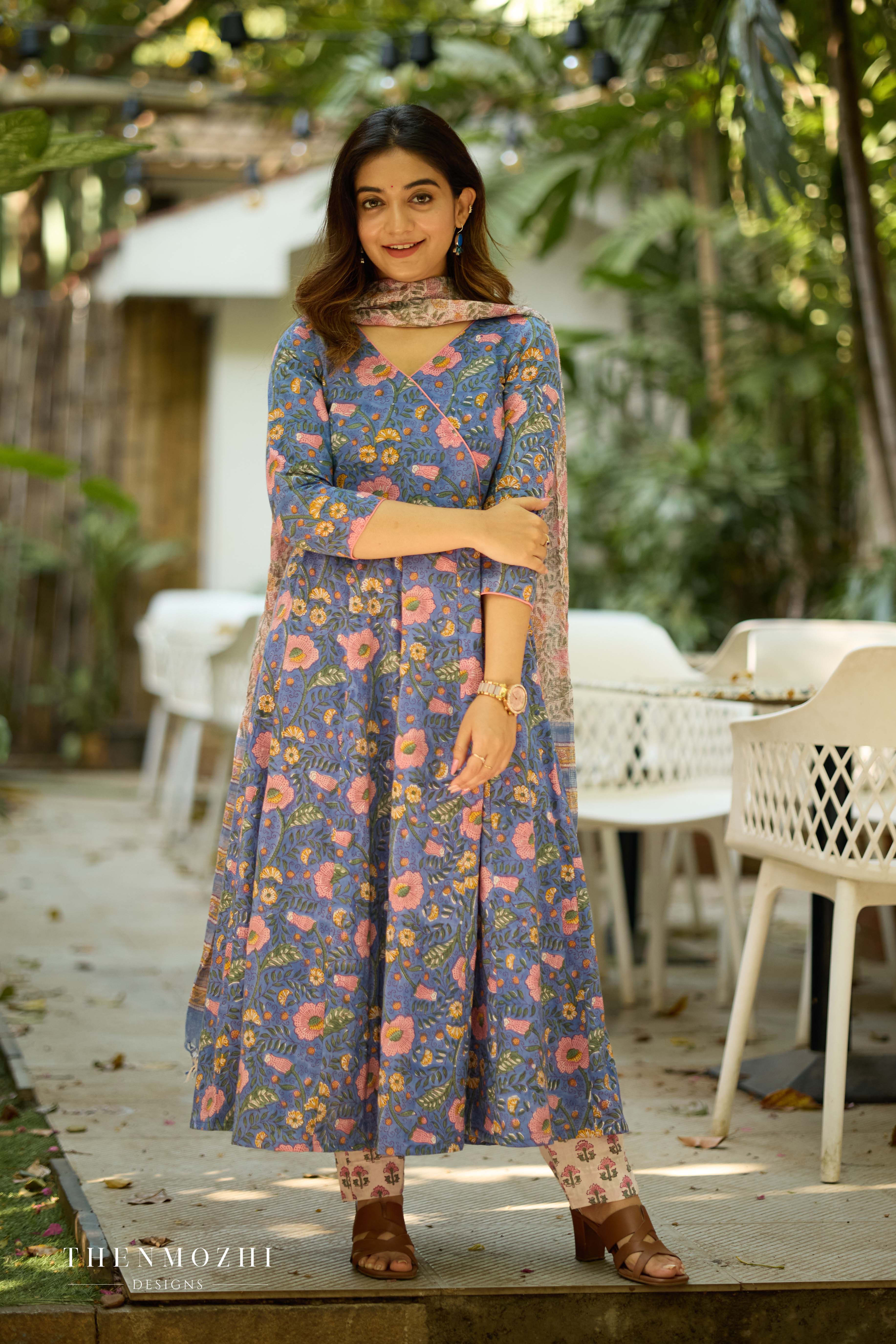 French Blue Cotton Suit with Kota Dupatta