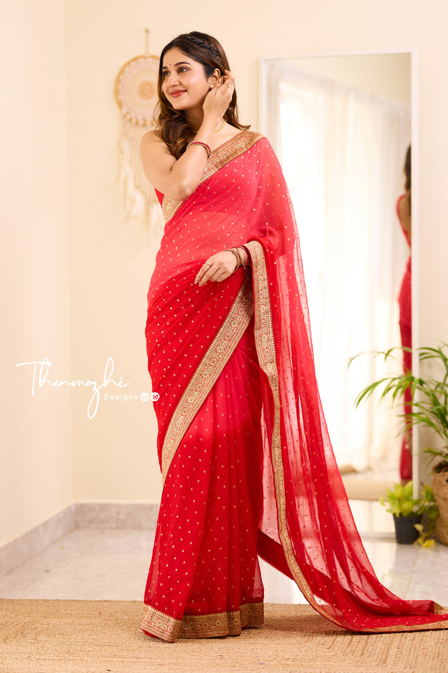 Ombre Coral Red & Dark Red Georgette Saree