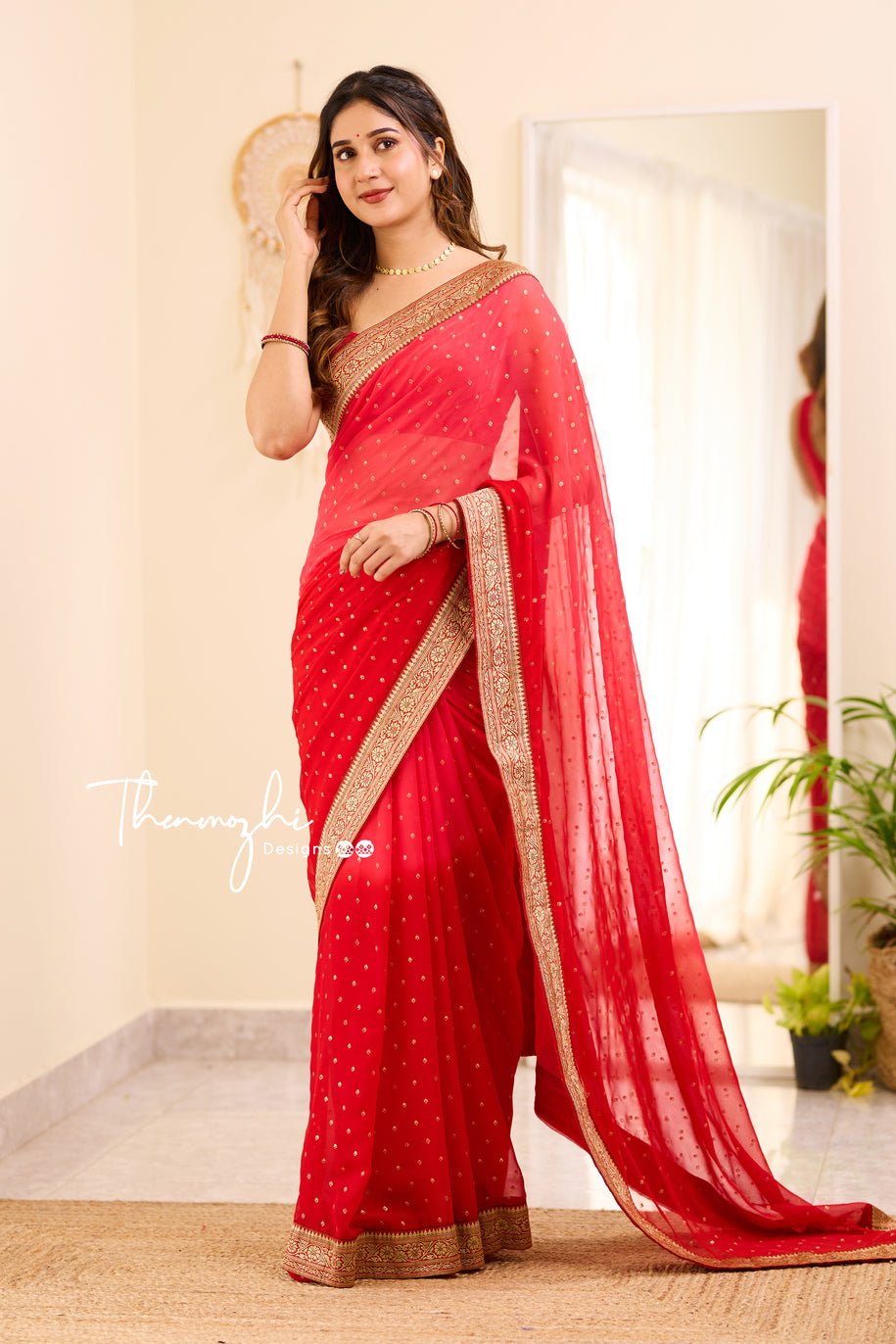 Ombre Coral Red & Dark Red Georgette Saree