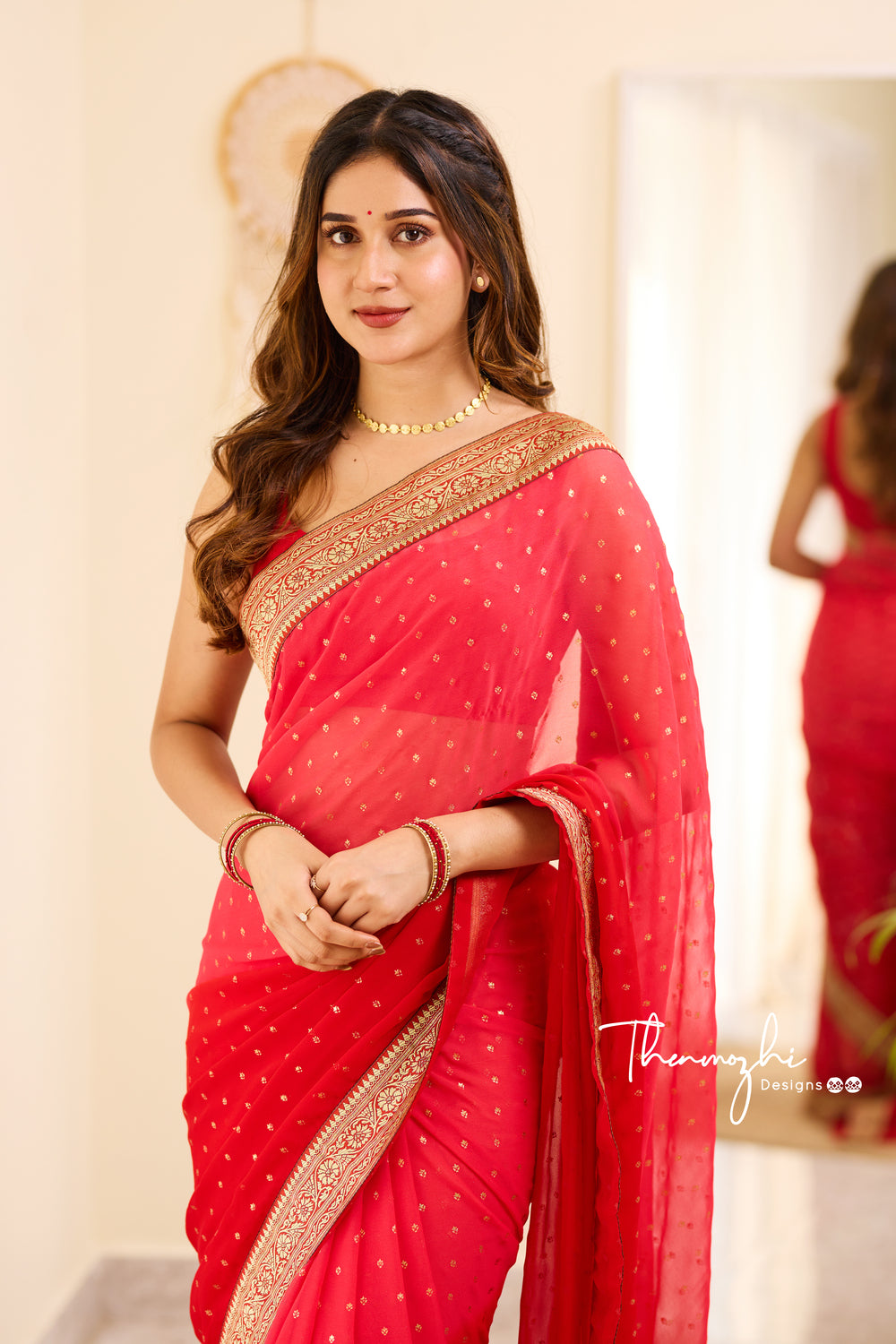 Ombre Coral Red & Dark Red Georgette Saree