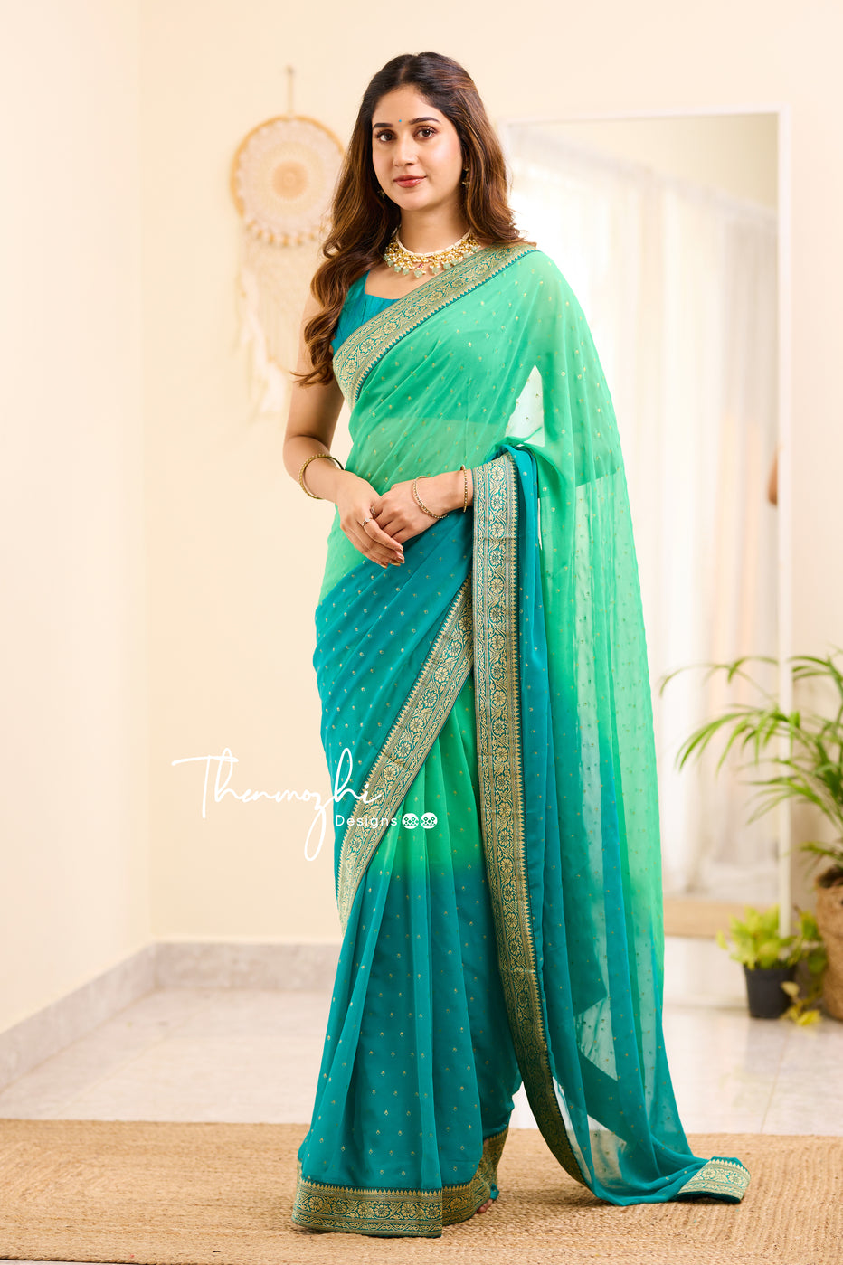 Ombre Aqua & Persian Green Georgette Saree