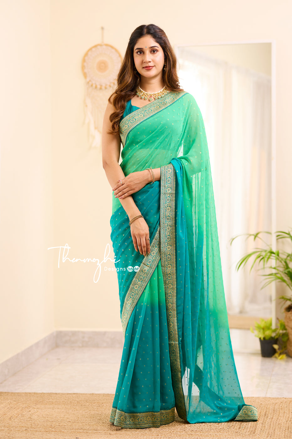 Ombre Aqua & Persian Green Georgette Saree