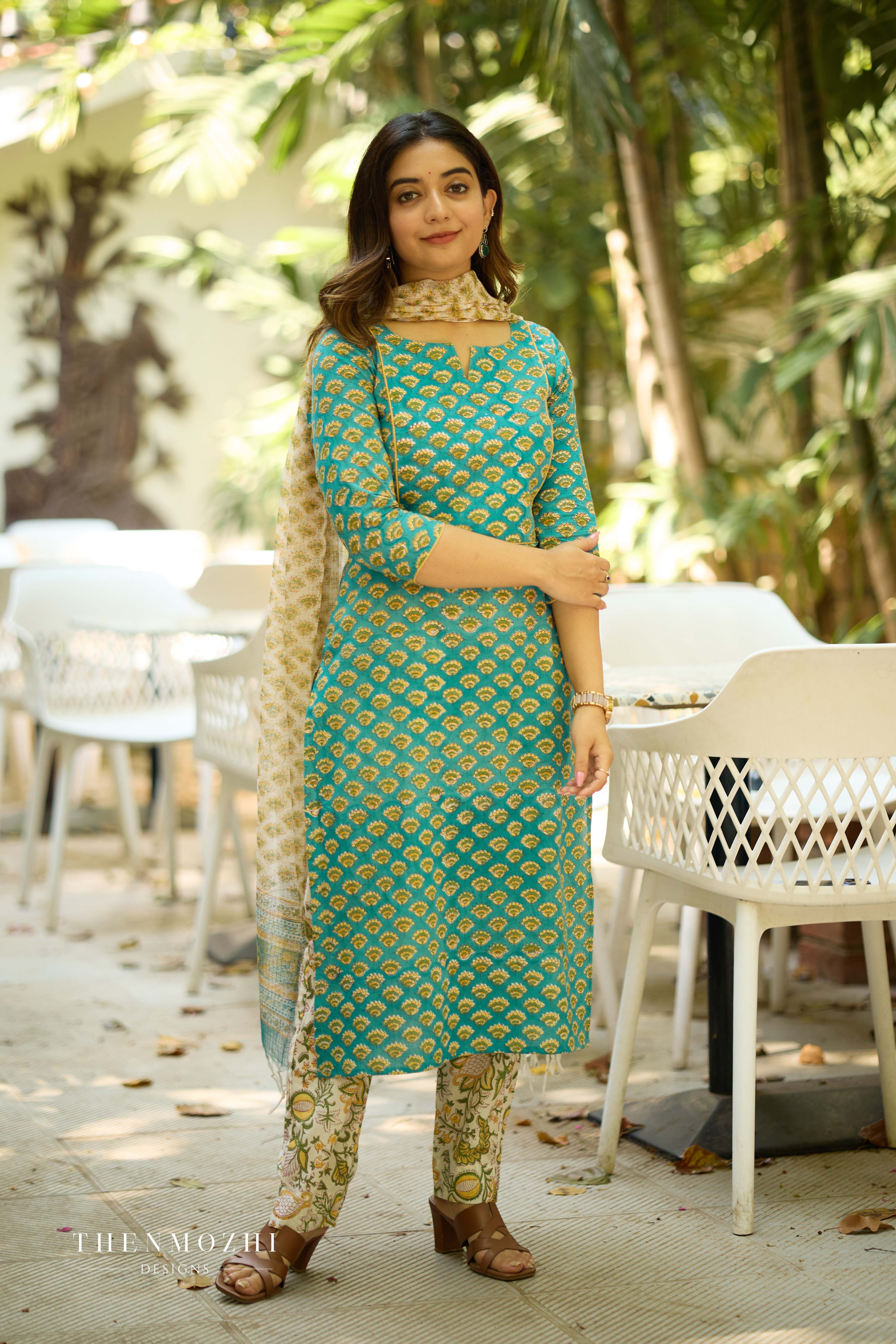 Royal Peacock Green Cotton Suit with Kota Dupatta