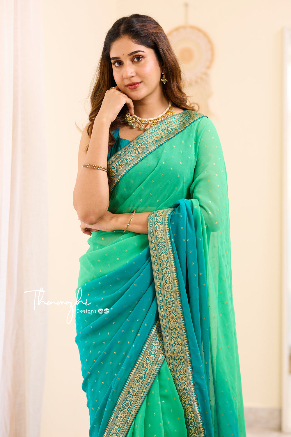 Pistachio Green Georgette Silk saree with jal work