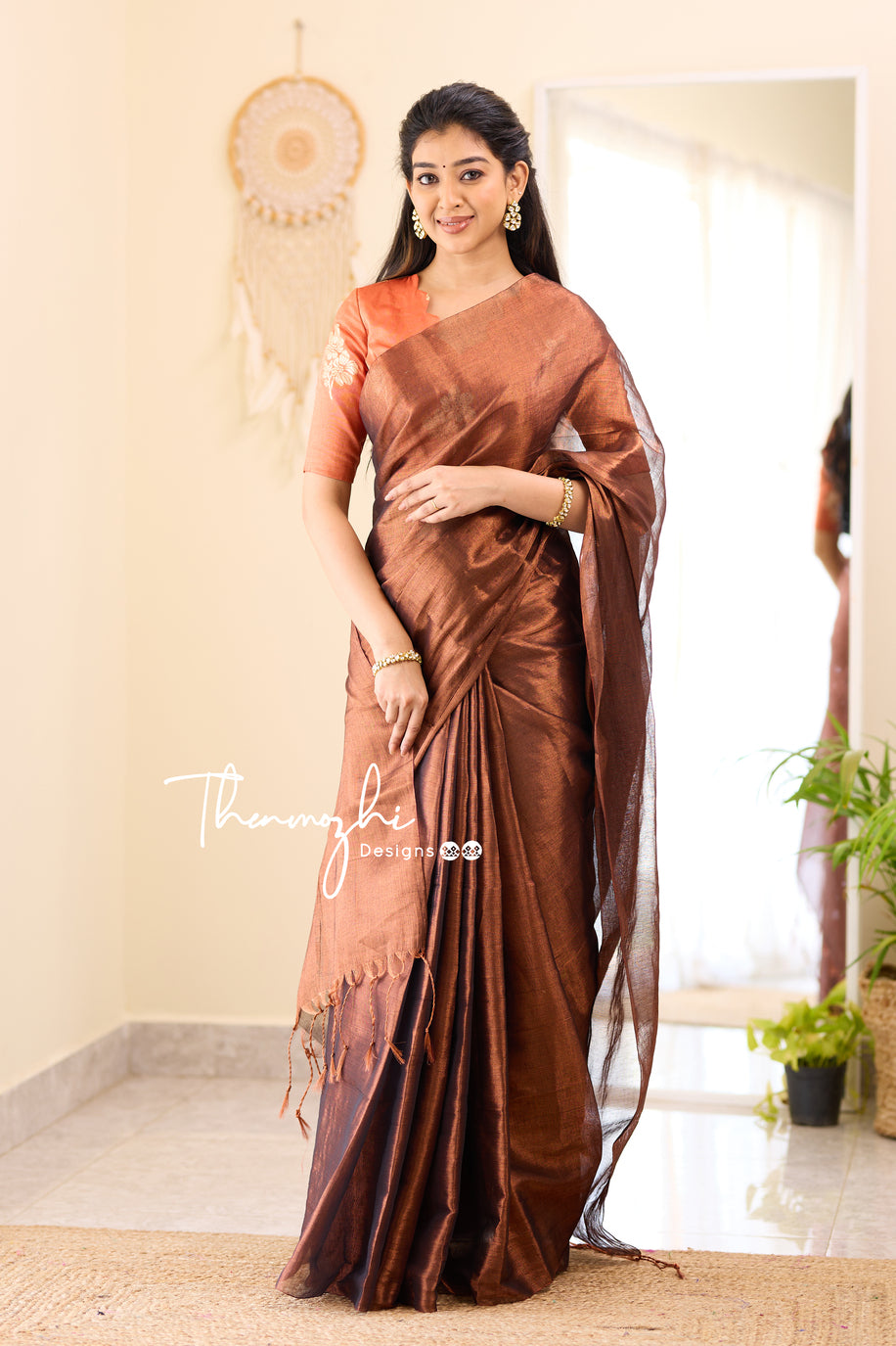 Party Wear Sarees With Designer Contrast Blouses- Ready Plated- brown colour  – Vpnam