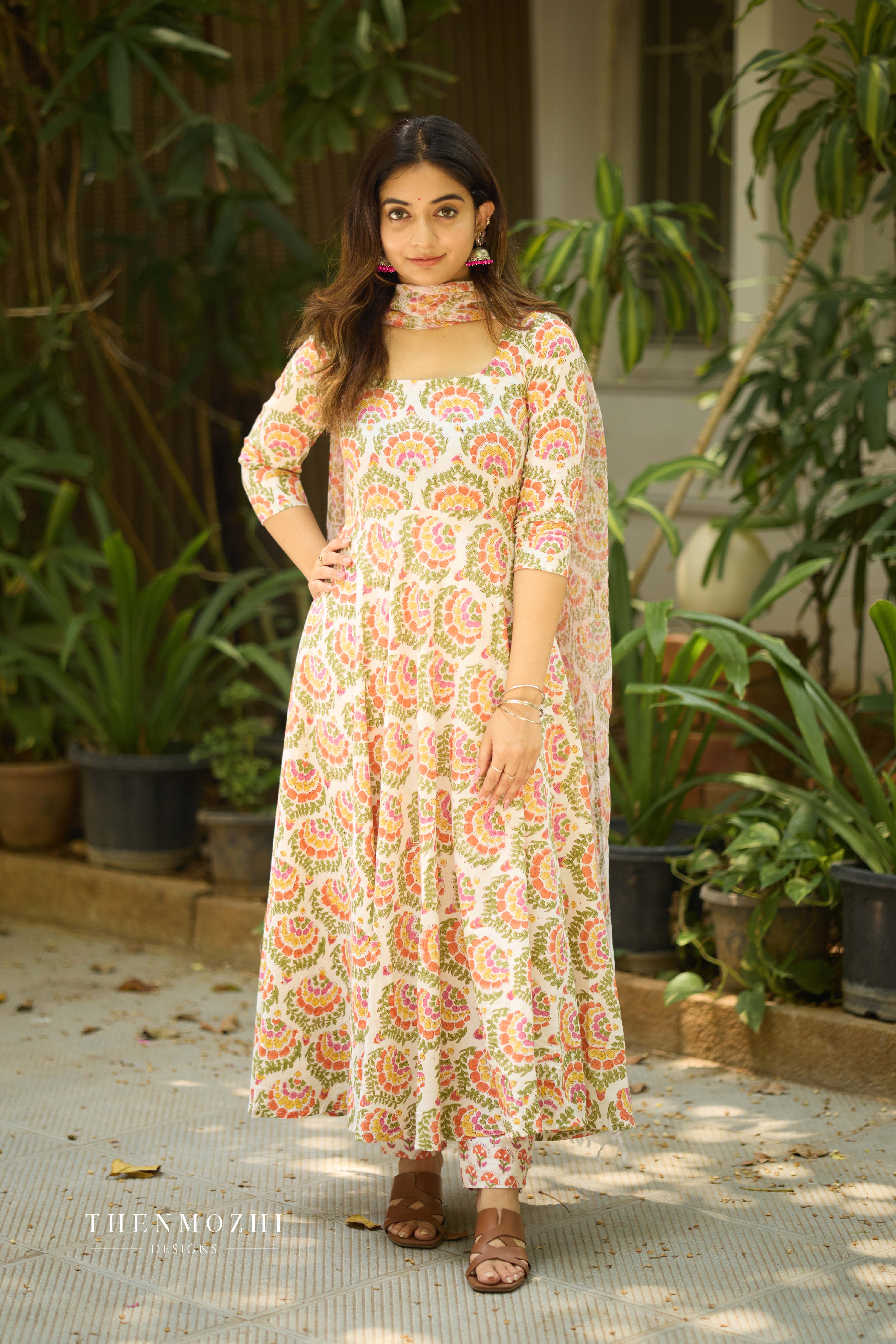 Half White Floral Cotton Suit with Kota Dupatta