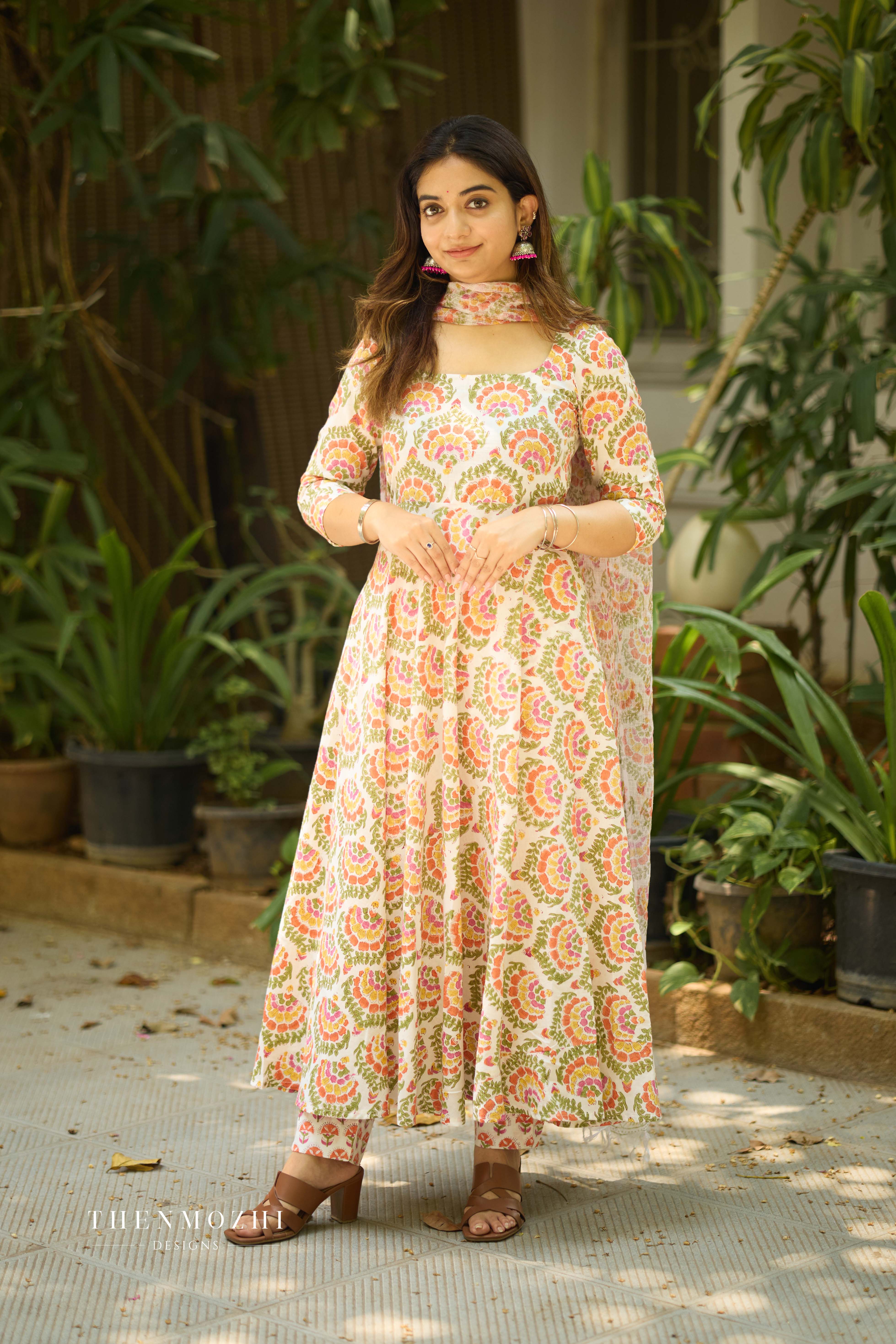 Half White Floral Cotton Suit with Kota Dupatta
