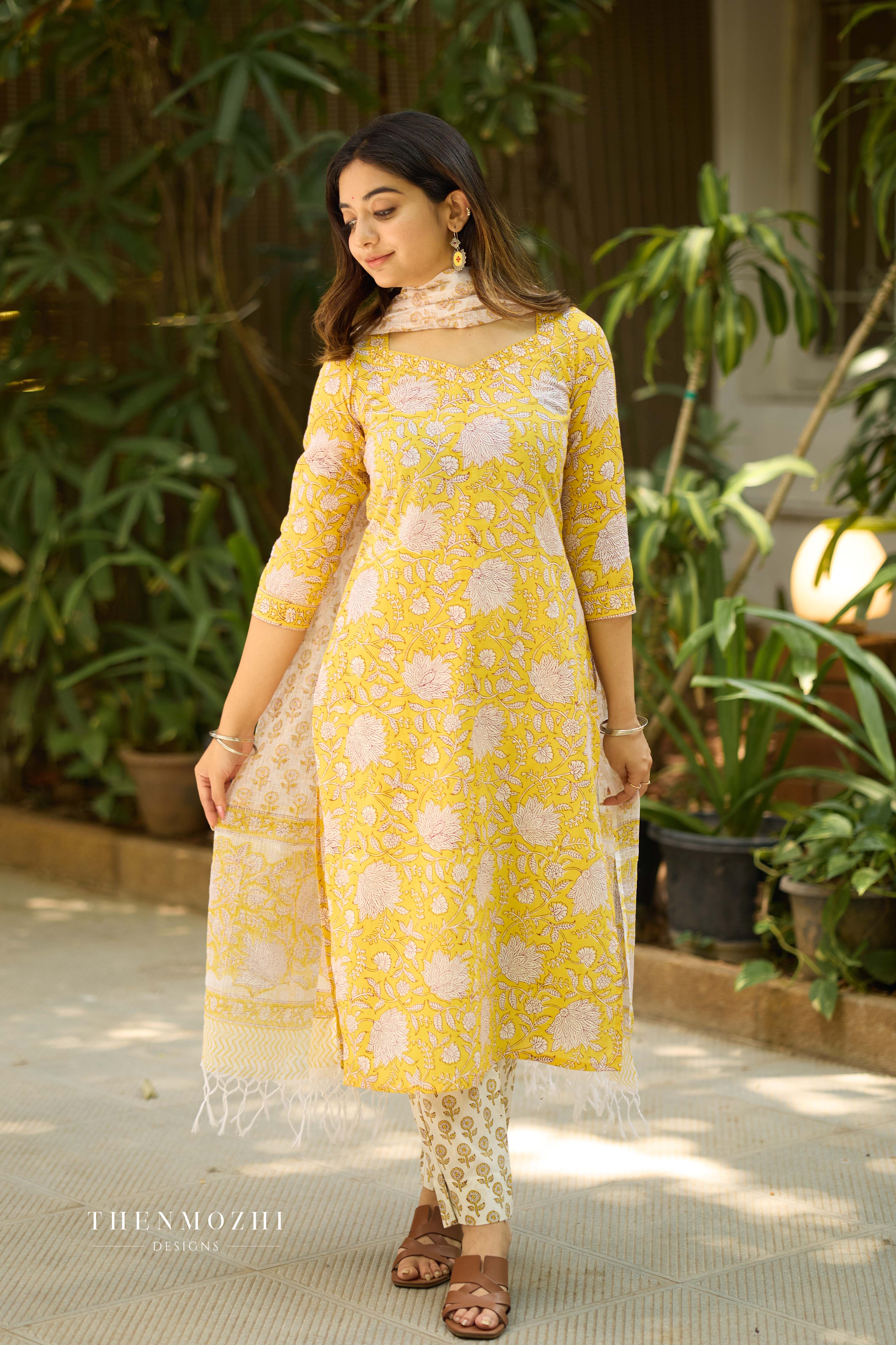 Butter Yellow Cotton Suit with Kota Dupatta