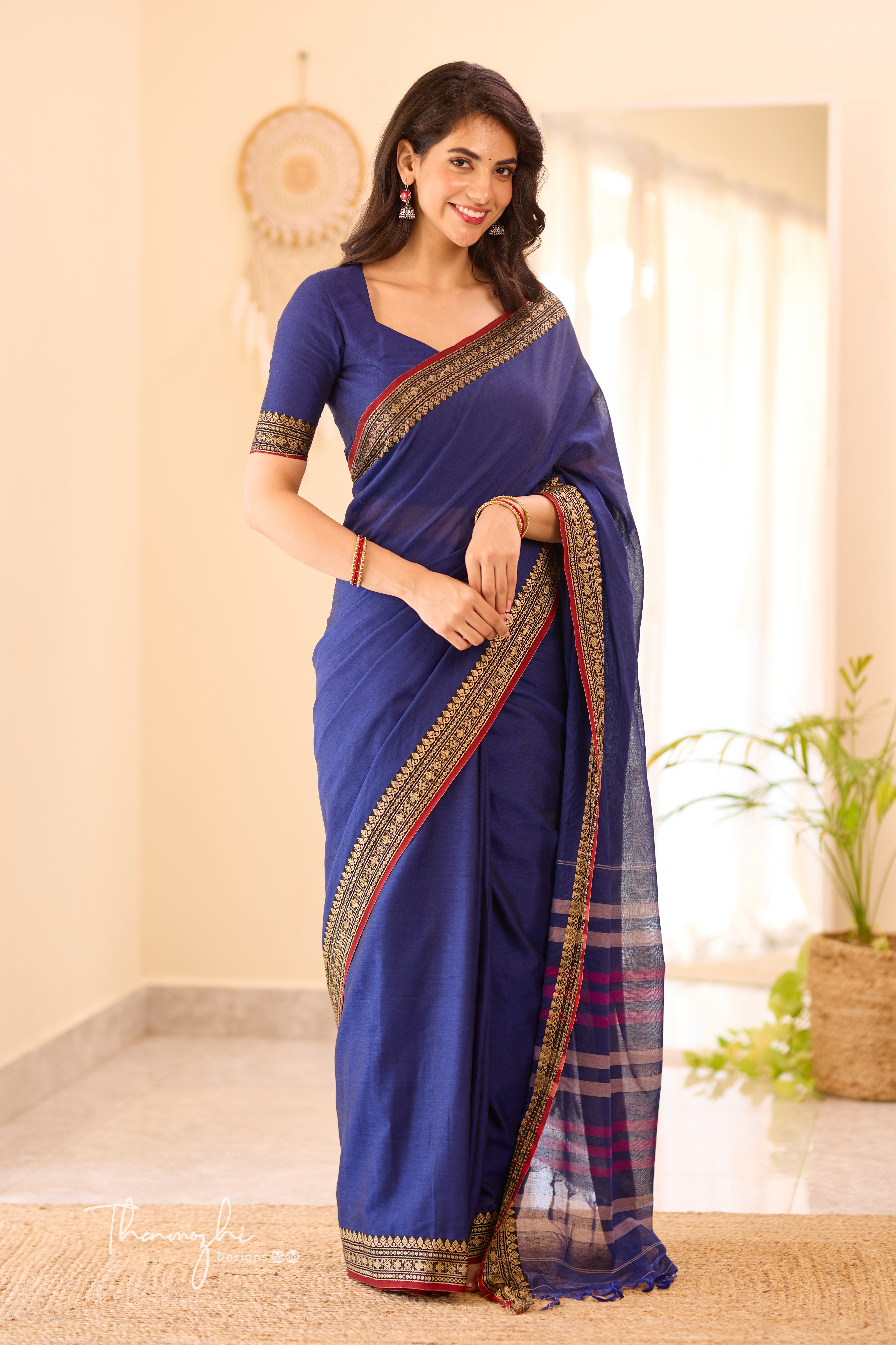 Navy Blue & Red Narayanpet Saree