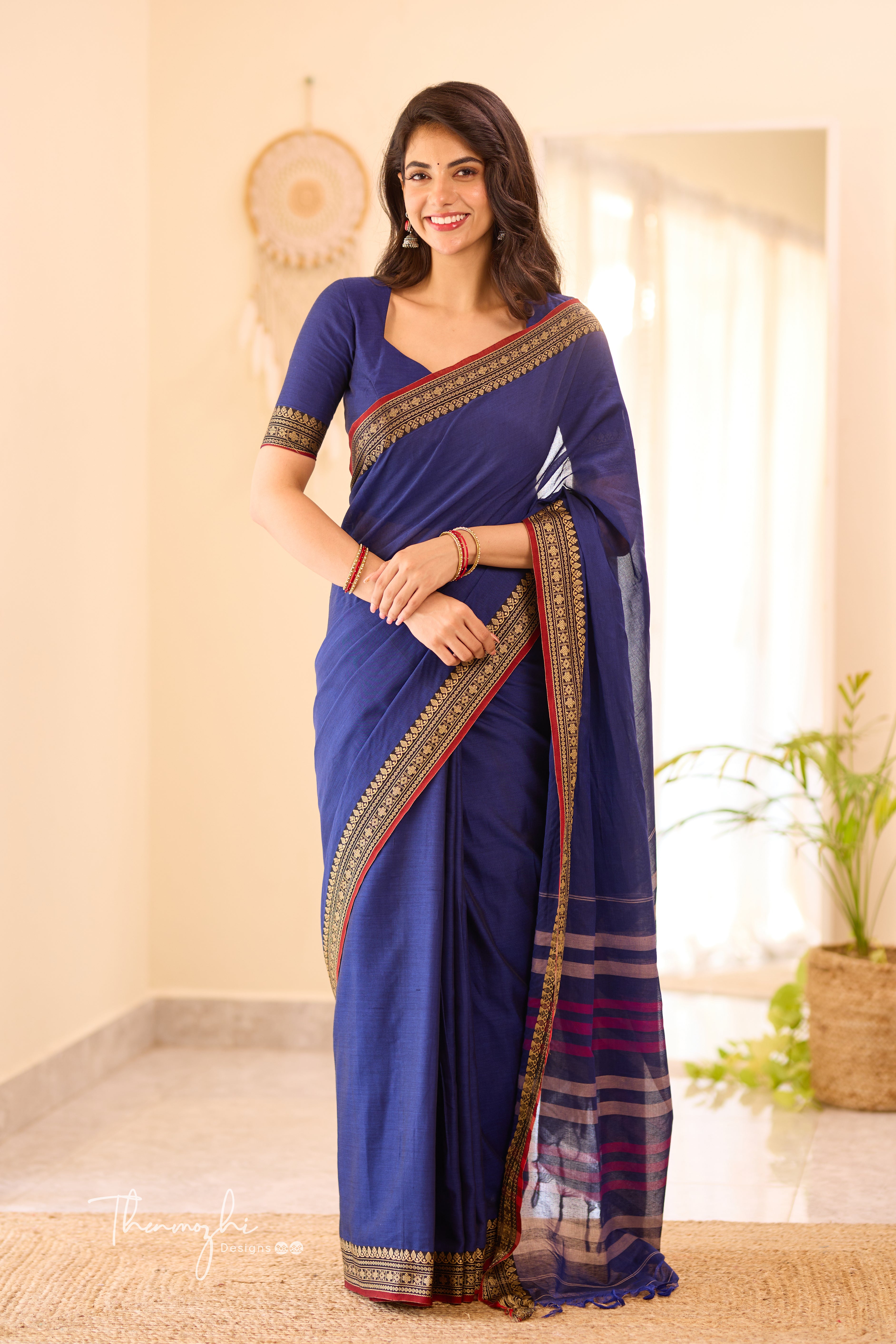 Navy Blue & Red Narayanpet Saree