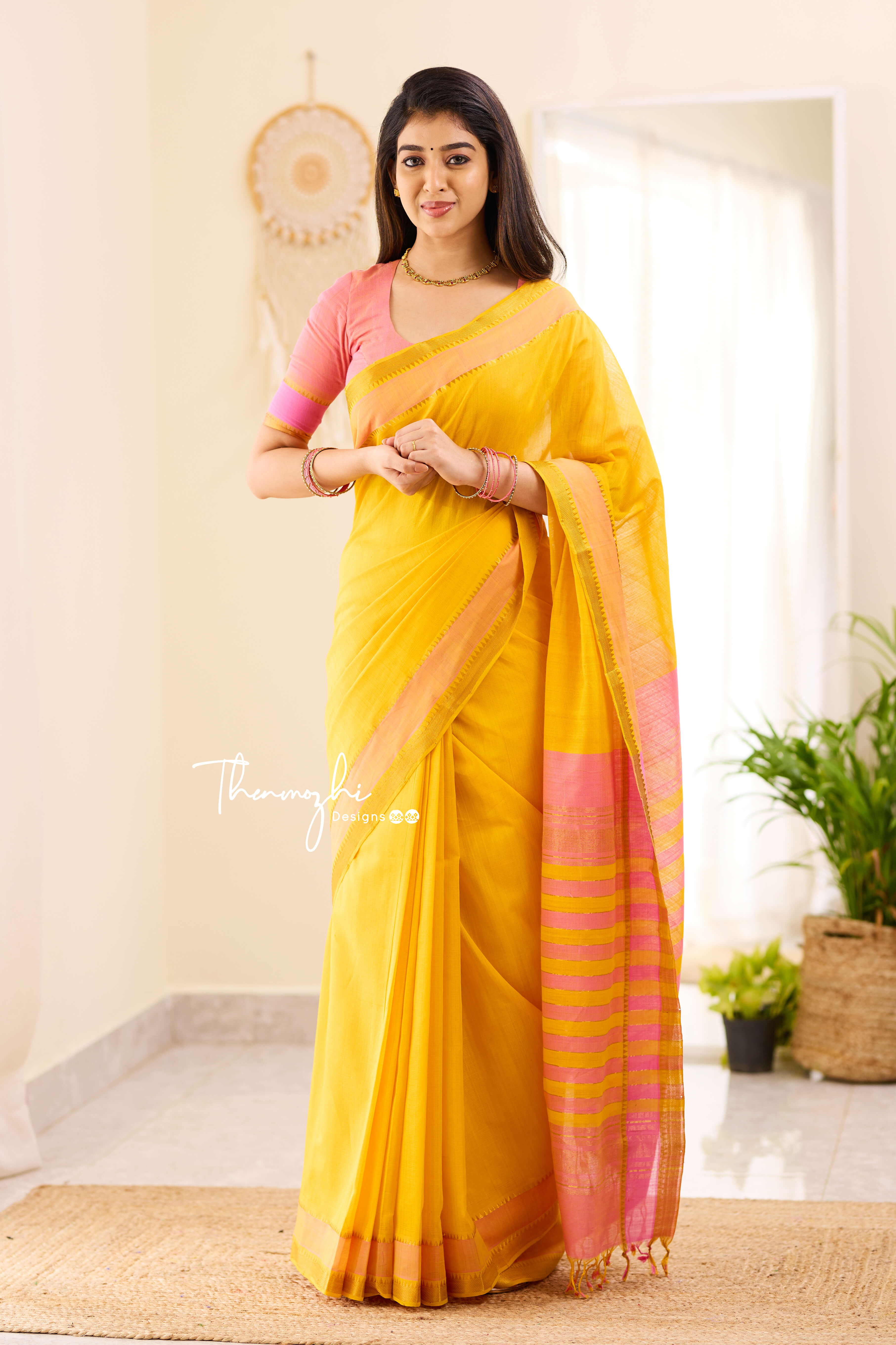 Cyan Handloom Chettinad Cotton Saree With Chakaram Motifs