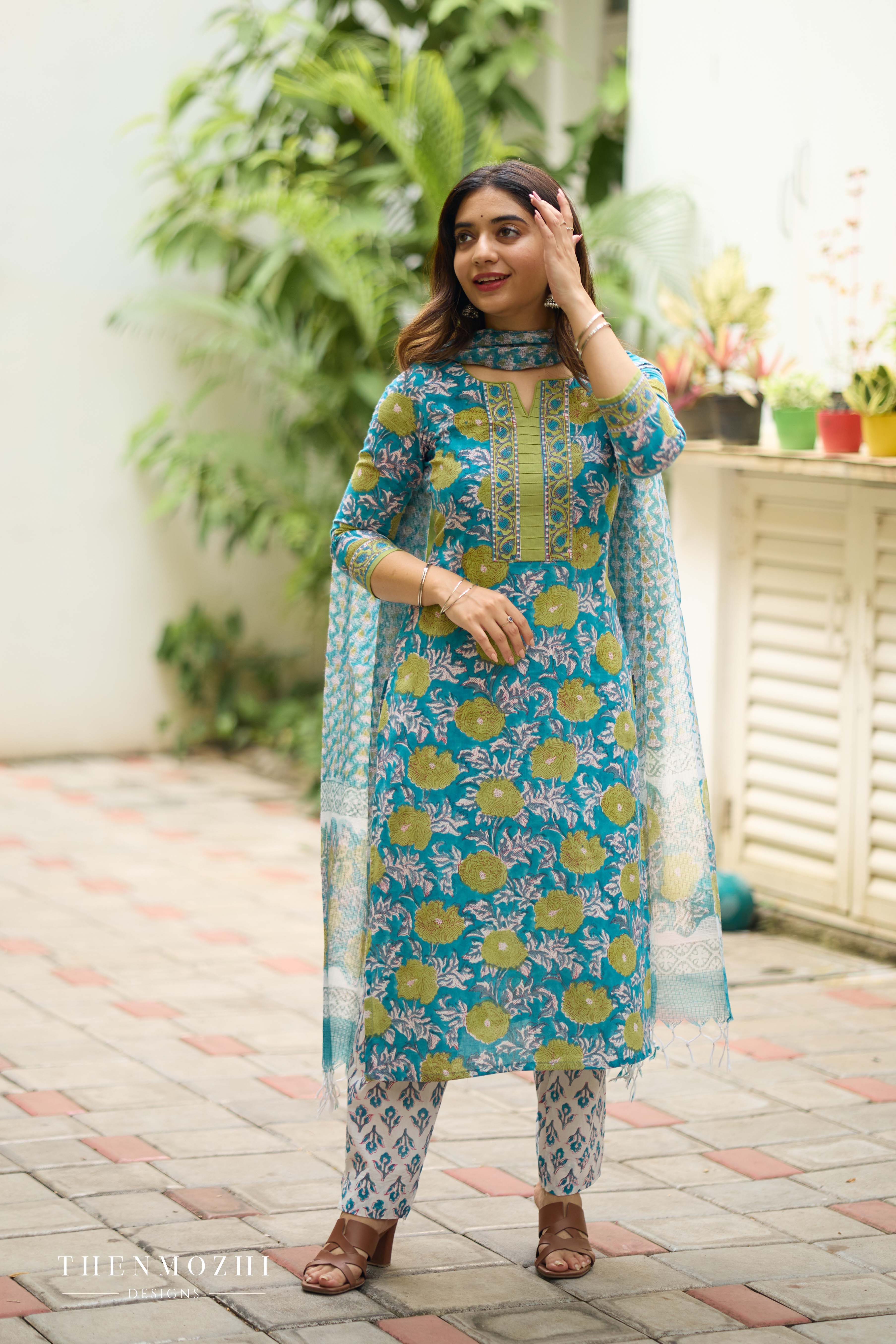 Blue and Green Floral Cotton Suit with Kota Dupatta