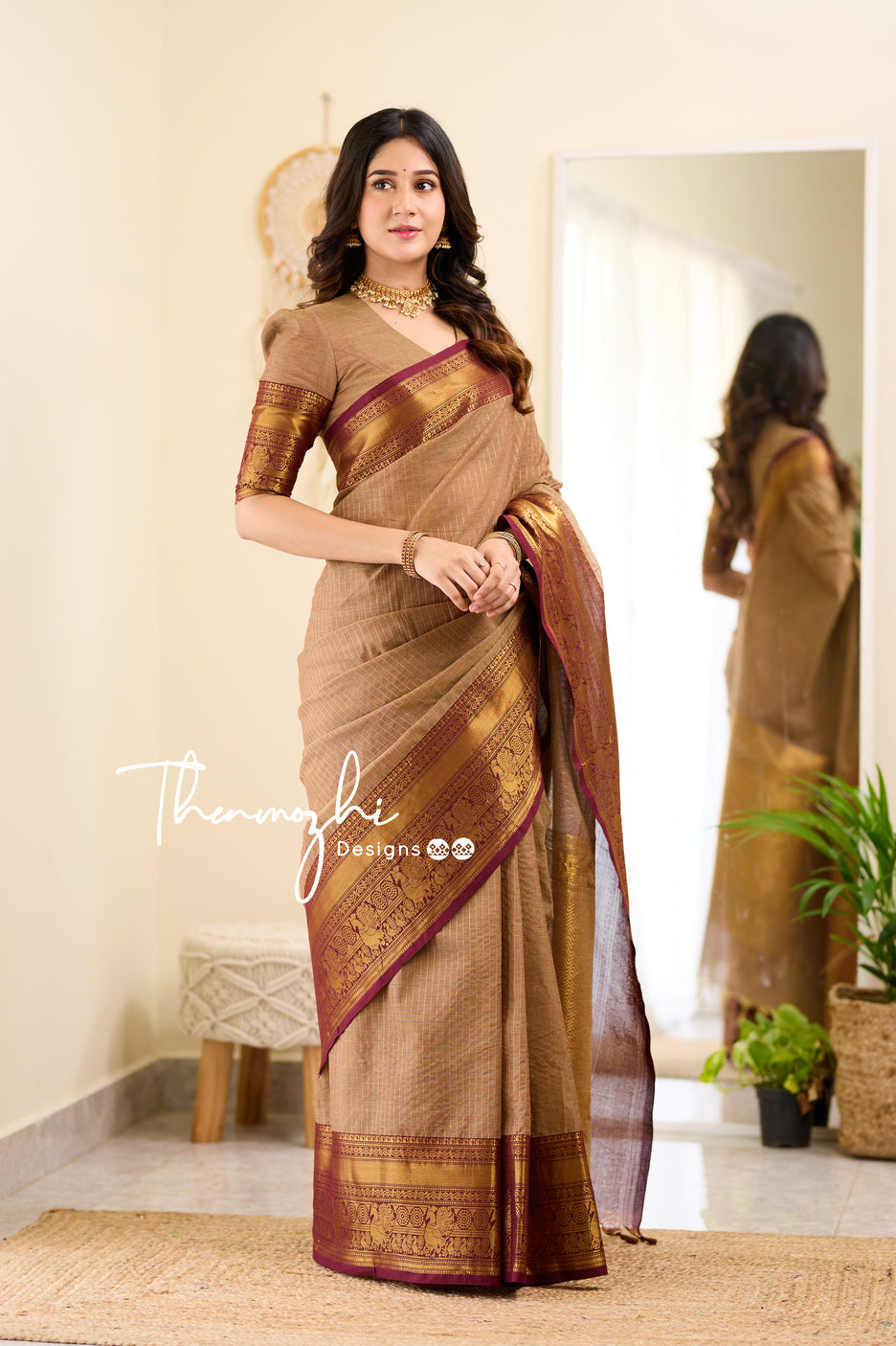 Plain cotton saree with border and designer blouse best sale