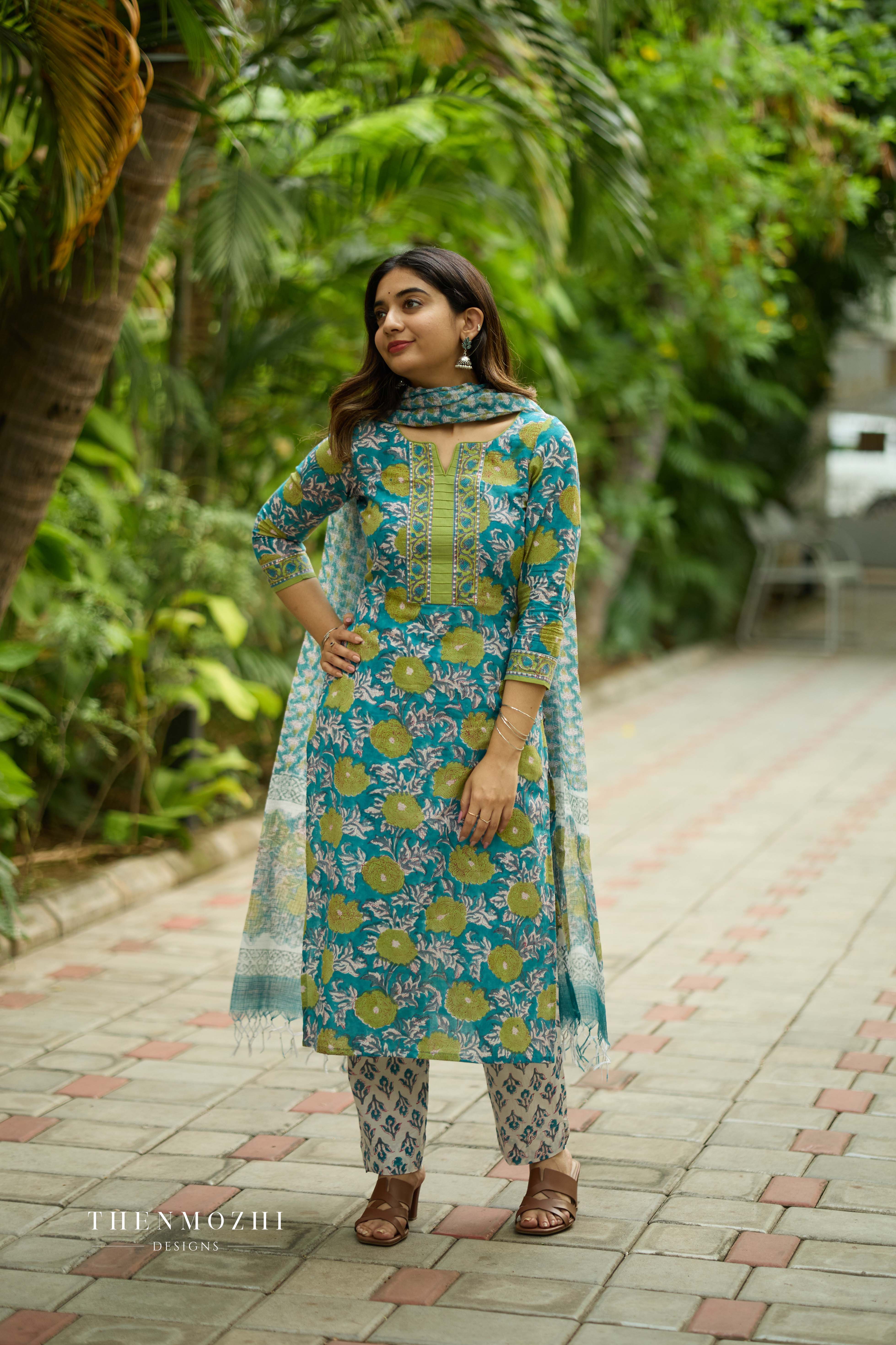 Blue and Green Floral Cotton Suit with Kota Dupatta