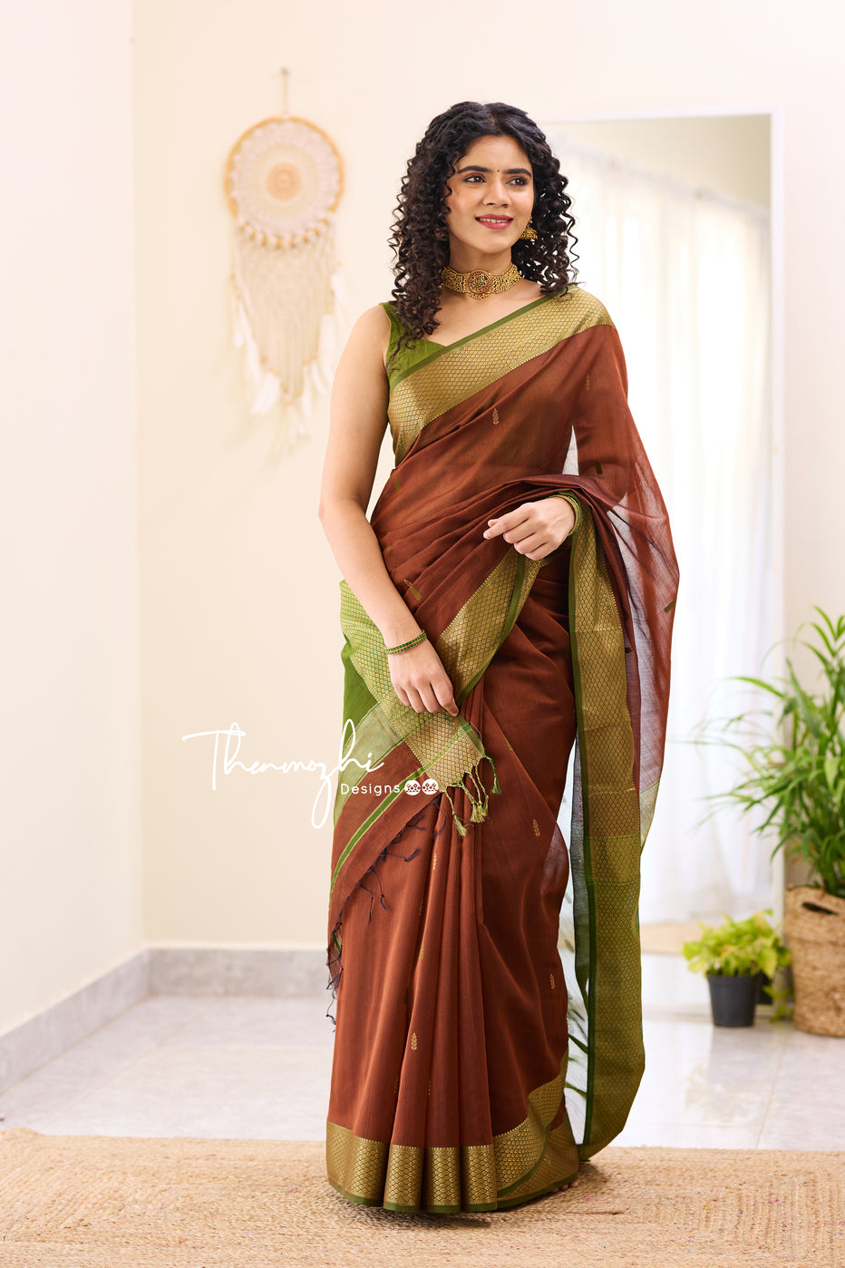 copper brown silk saree with embroidered blouse 10408