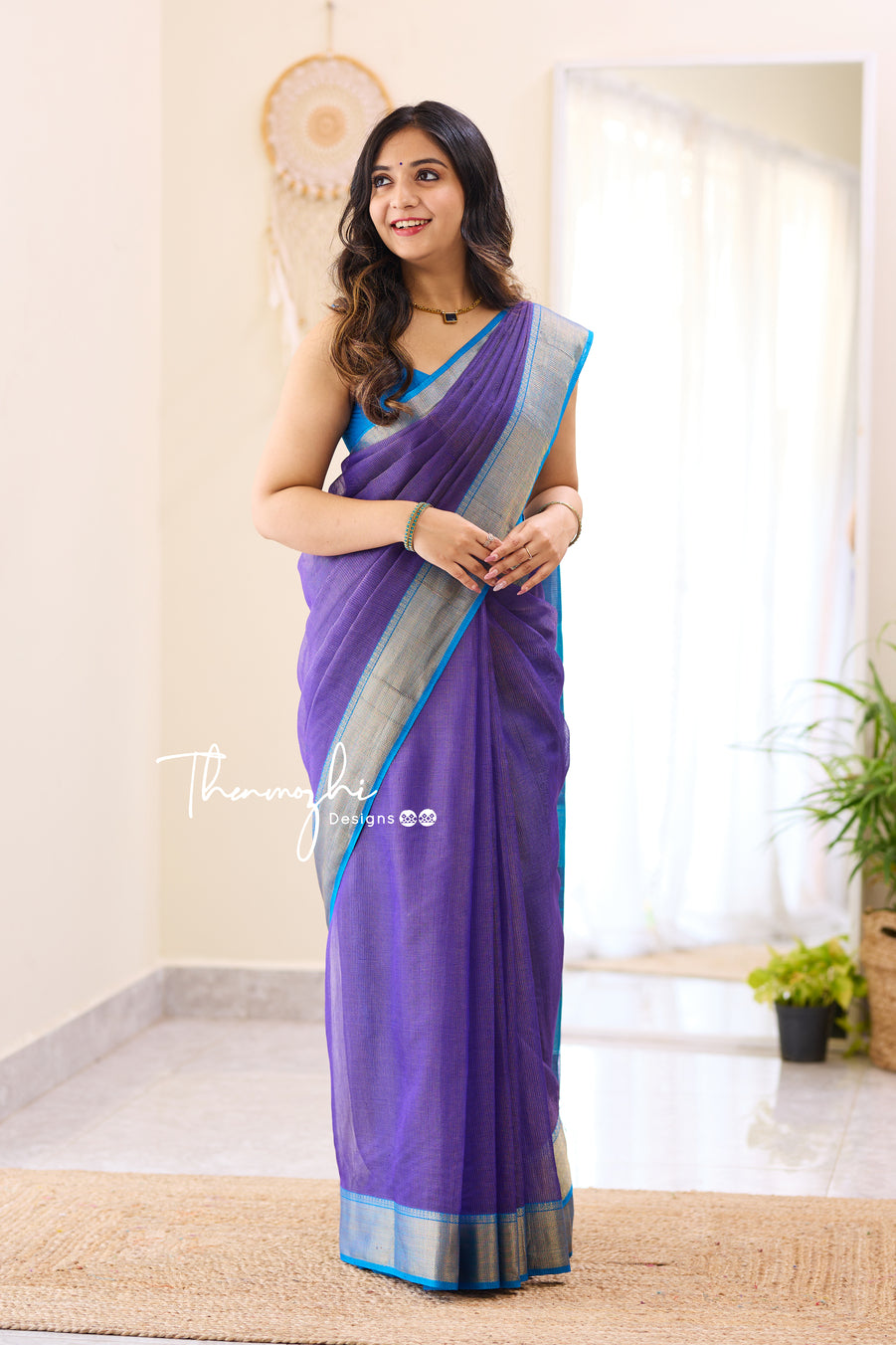 Hridaya (Blue) - Blue Maheswari Tissue Silk Cotton Saree