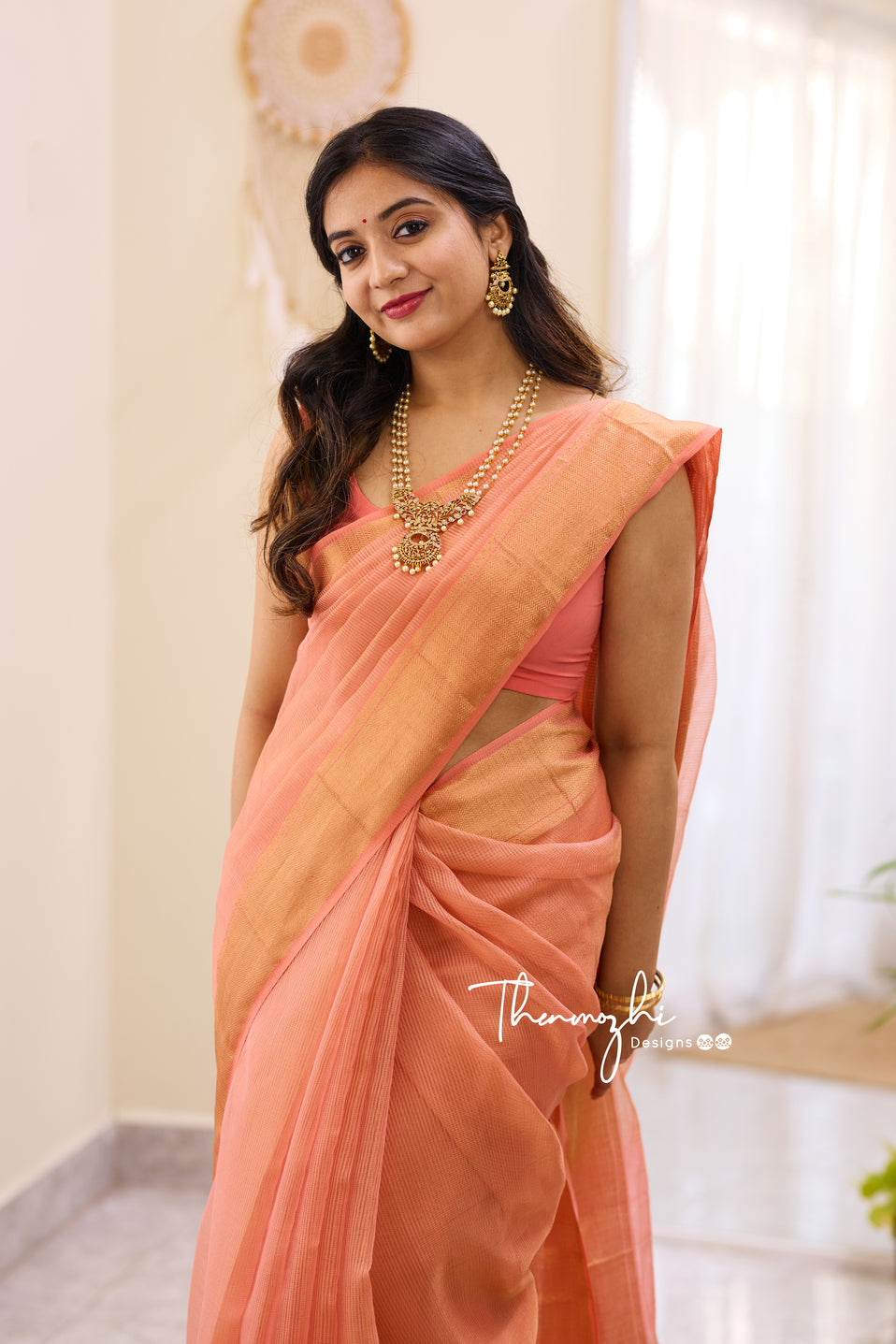 Hridaya Peach - Peach Maheshwari Tissue Silk Handloom Cotton Saree