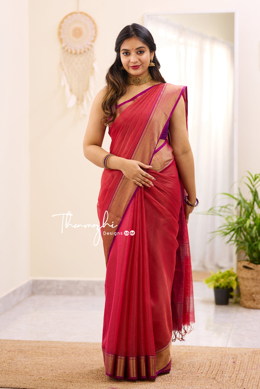 Hridaya Red - Red Maheshwari Tissue Silk Handloom Cotton Saree