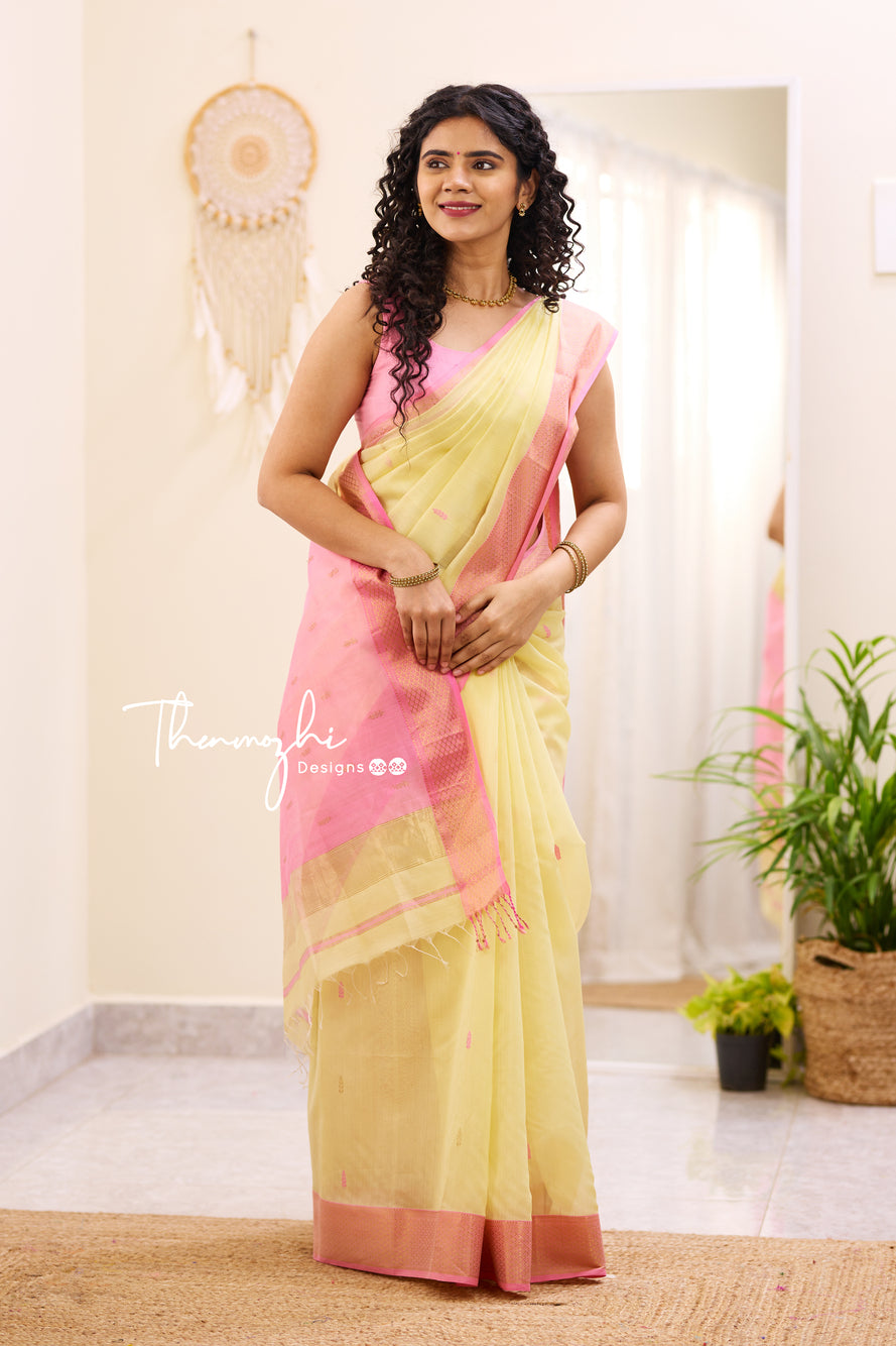 Classy Yellow Maheshwari Silk Handloom Cotton Saree