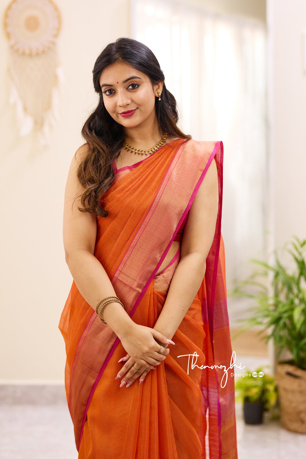 Hridaya Orange - Orange Maheshwari Tissue Silk Handloom Cotton Saree