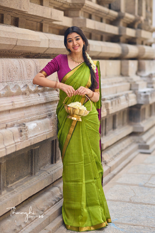 Pink - Pure Handwoven Mangalagiri Silk Cotton Pattu Saree with Zari Border 02