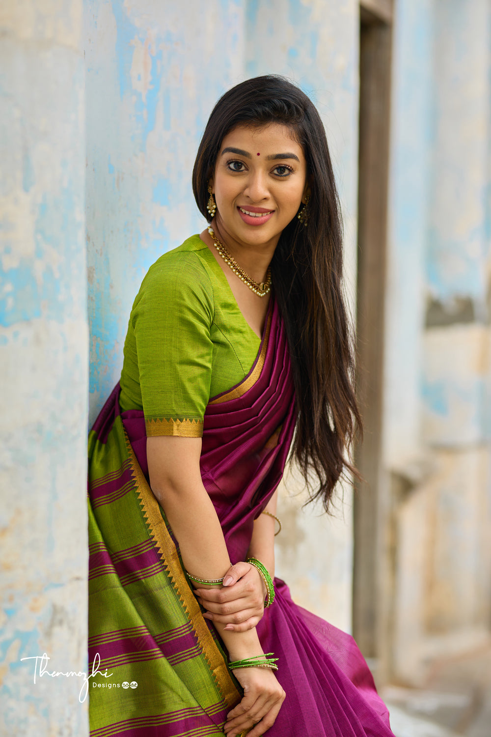 Magenta and Green-Handwoven Mangalagiri Semi Silk Cotton Saree