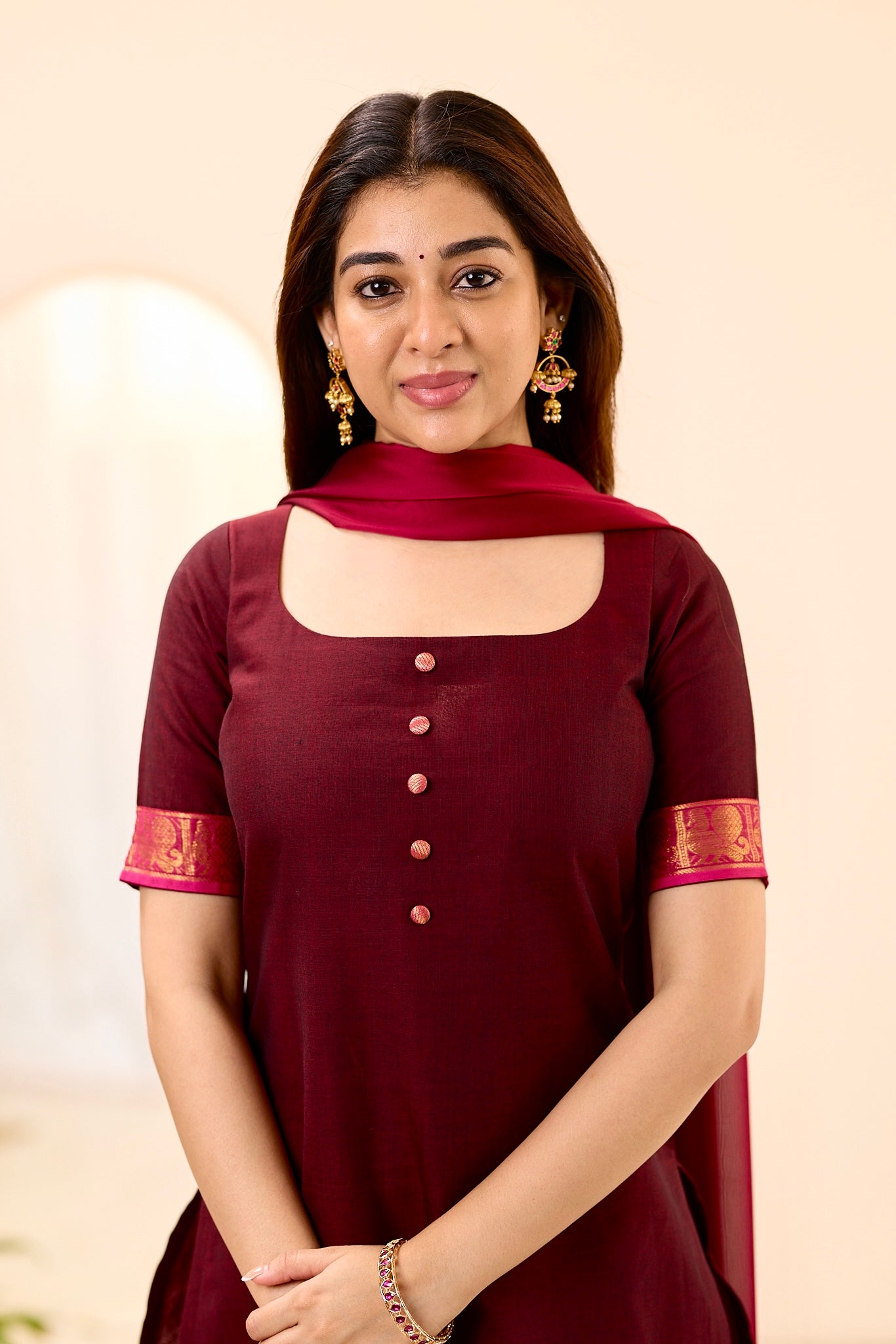 Rich Burgundy with Rani Pink Border Chettinad Top and Dupatta