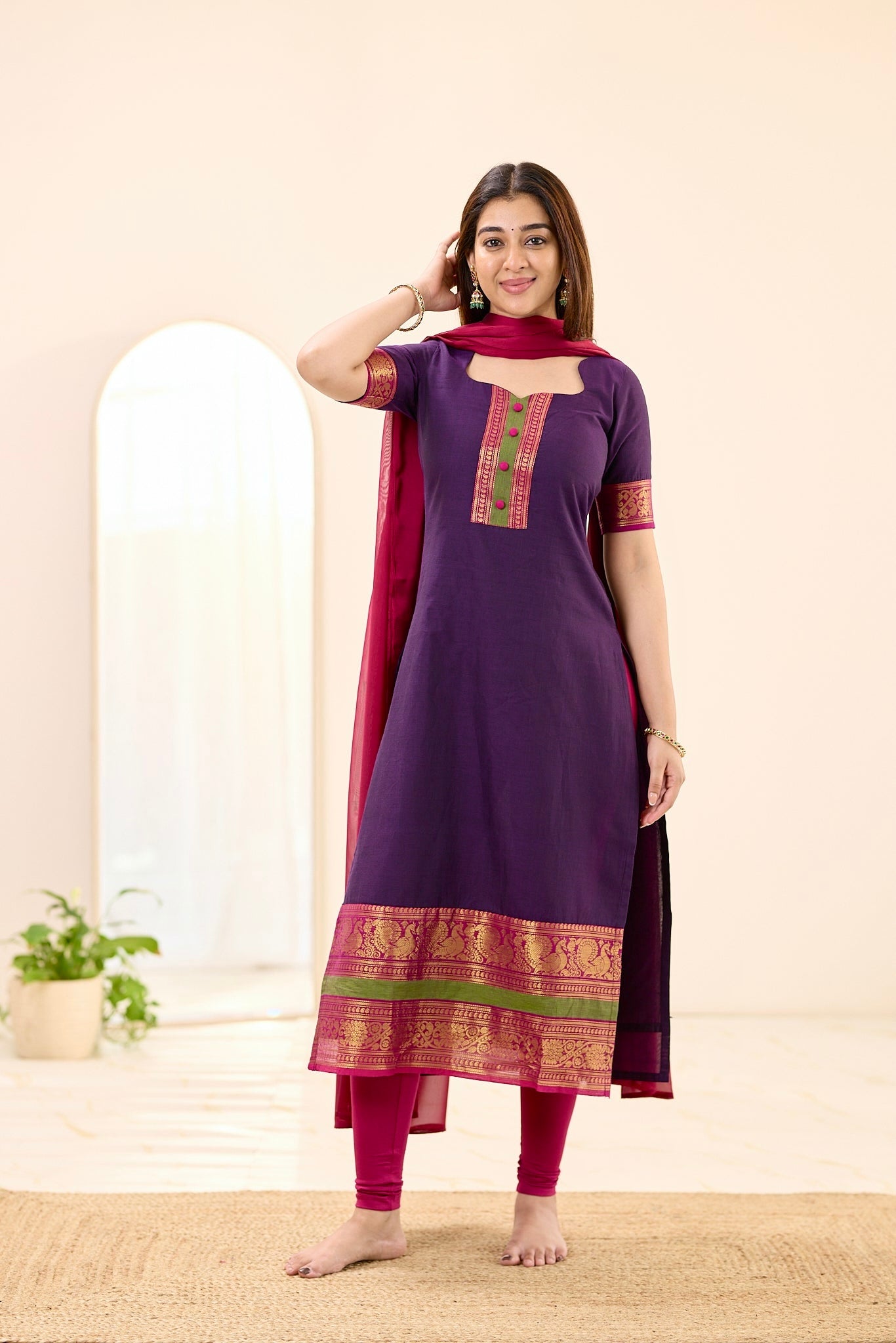 Deep Purple with Pink Zari Chettinad Cotton Top and Dupatta