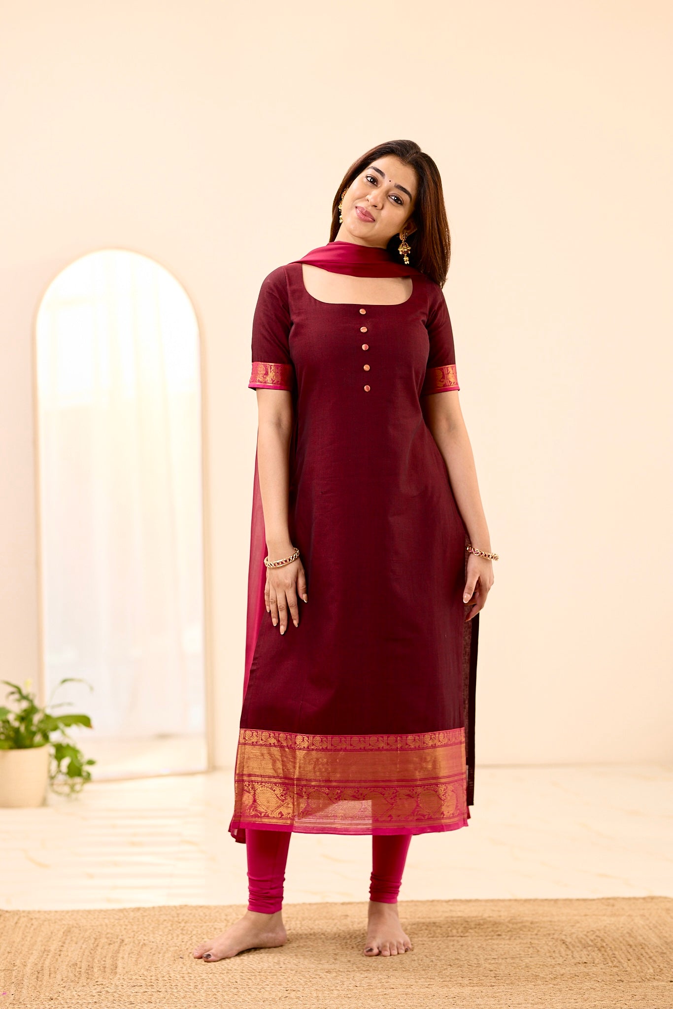 Rich Burgundy with Rani Pink Border Chettinad Top and Dupatta
