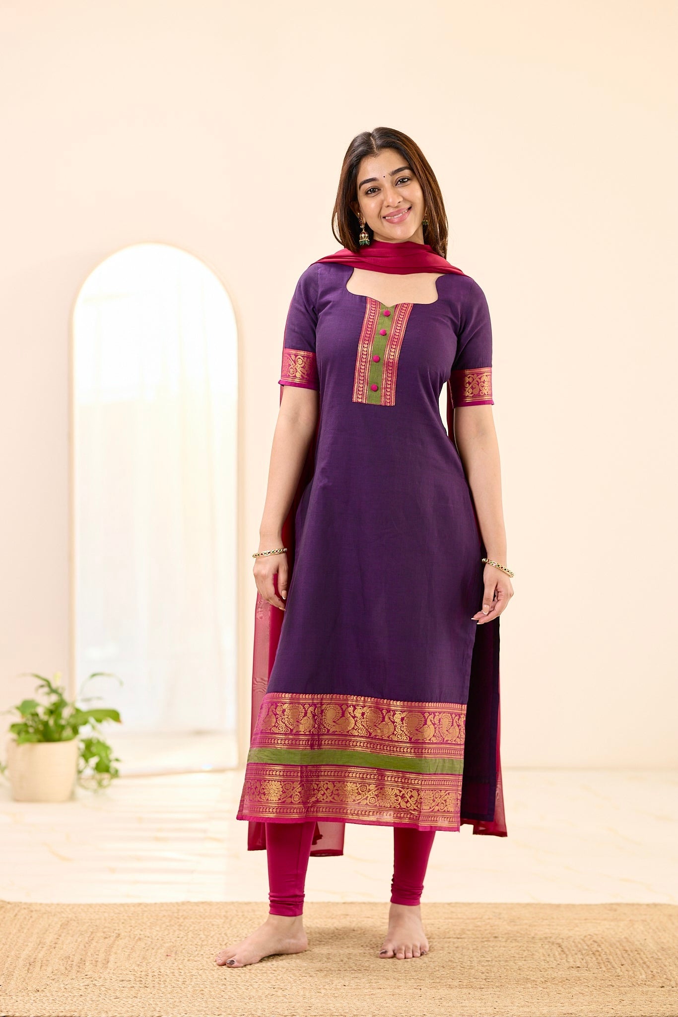 Deep Purple with Pink Zari Chettinad Cotton Top and Dupatta