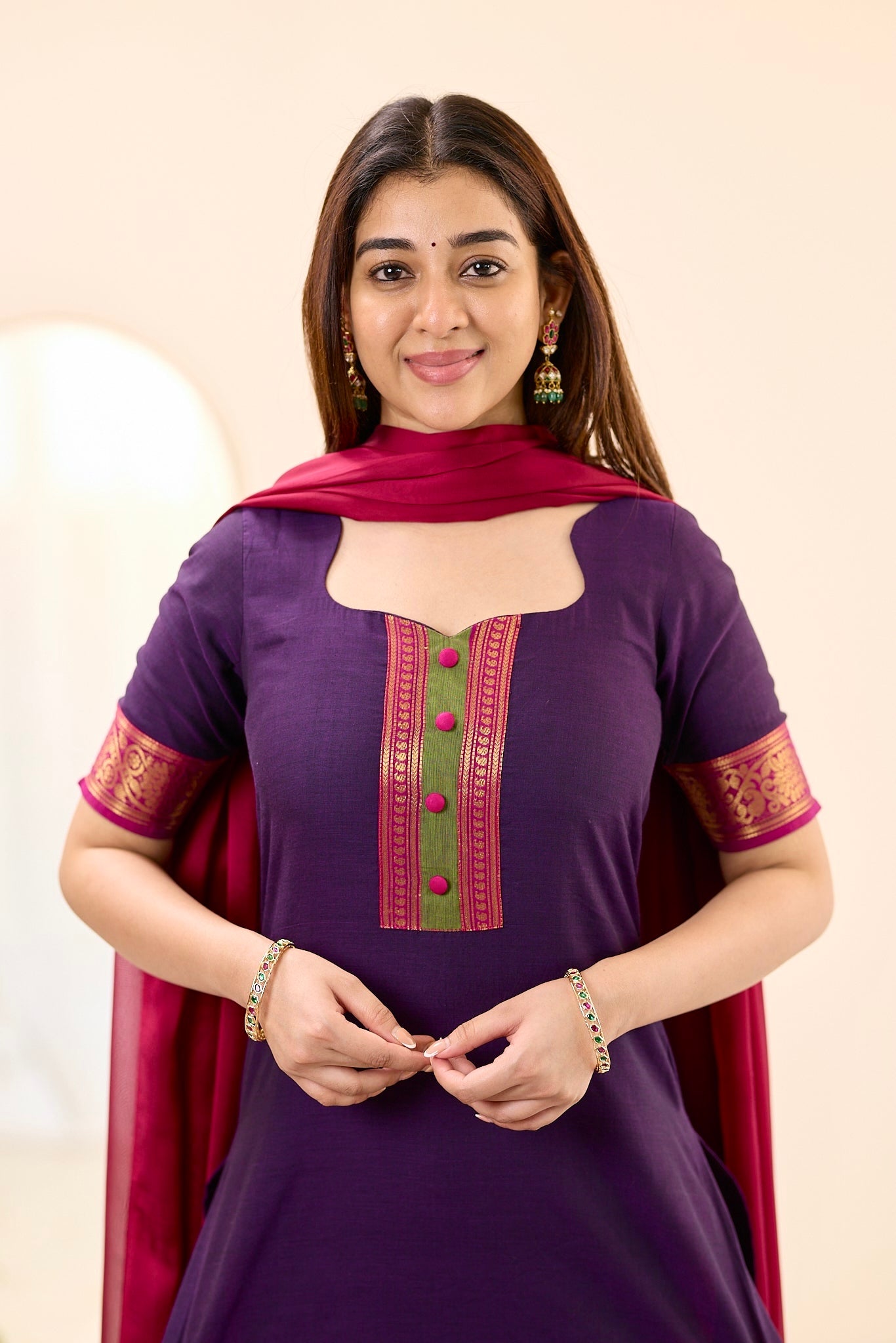 Deep Purple with Pink Zari Chettinad Cotton Top and Dupatta