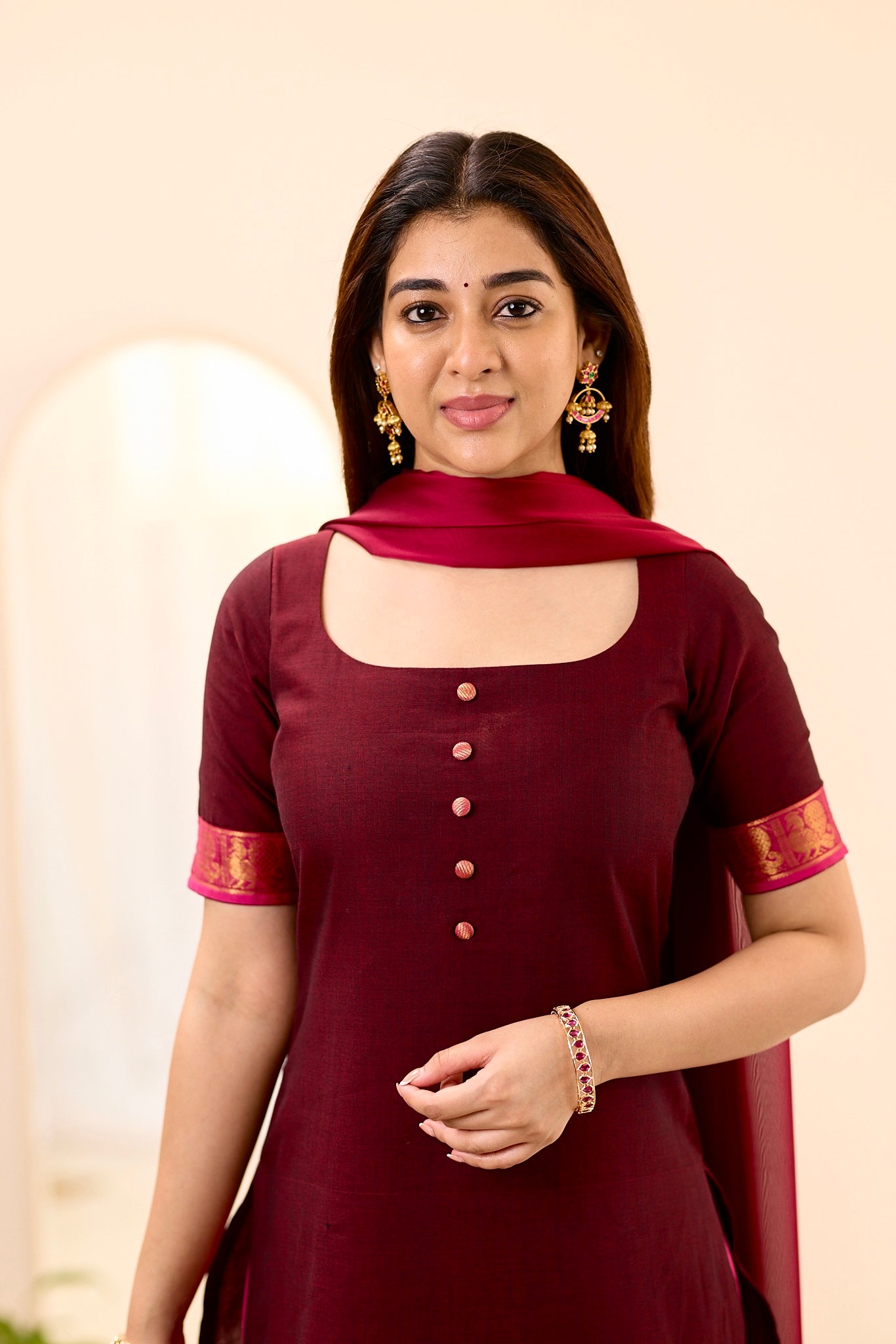 Rich Burgundy with Rani Pink Border Chettinad Top and Dupatta