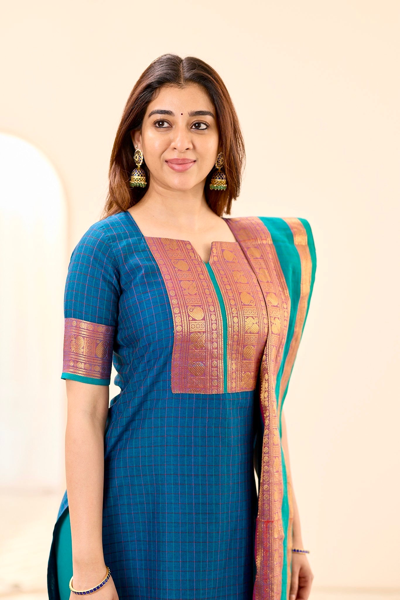 Peacock Blue Checks with Teal Green Border Chettinad Cotton Top and Dupatta