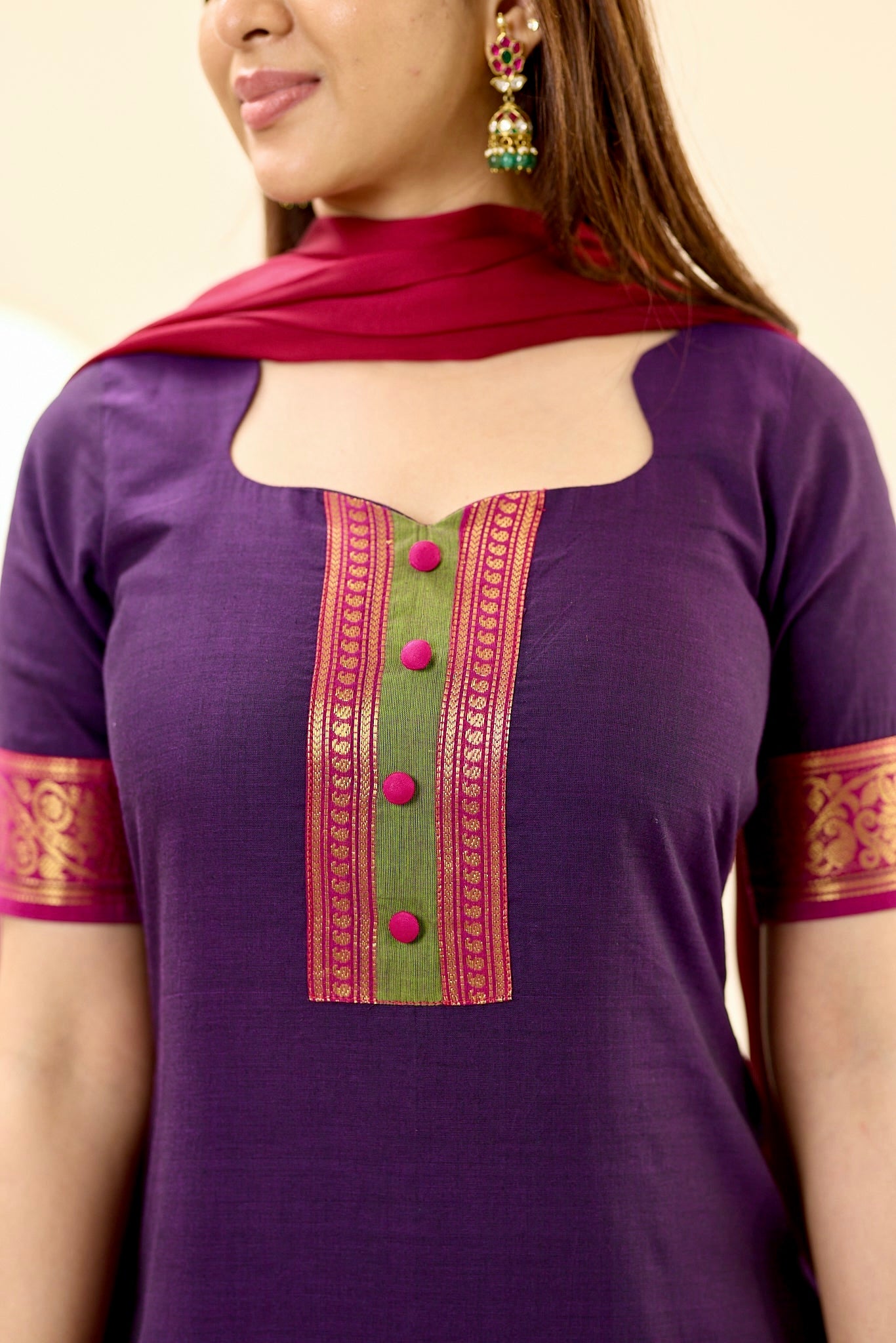 Deep Purple with Pink Zari Chettinad Cotton Top and Dupatta