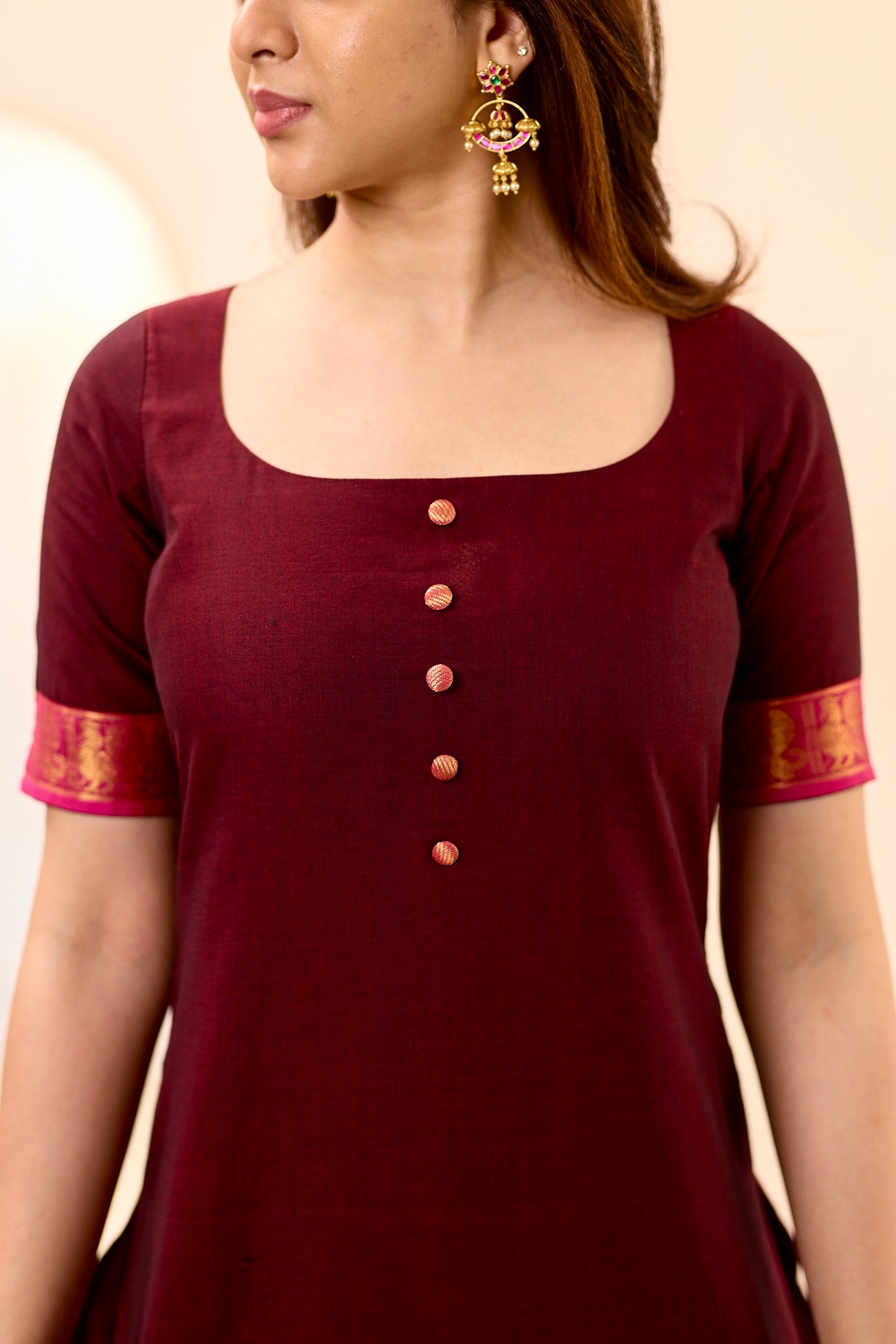 Rich Burgundy with Rani Pink Border Chettinad Top and Dupatta